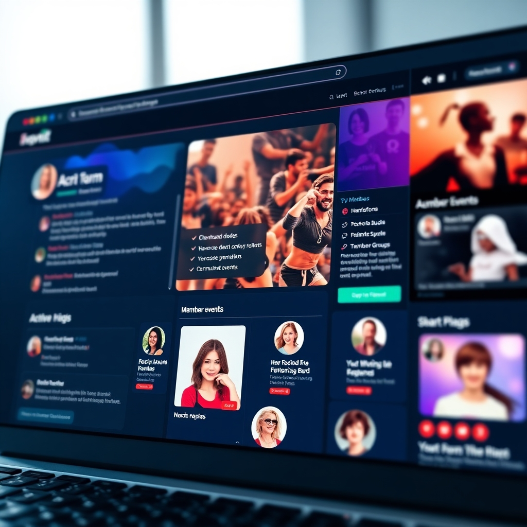 A photorealistic image depicting a website screen showing various interactive features like an active forum thread, an event calendar with upcoming events, and member profiles with pictures and short descriptions. The design should be vibrant and engaging, with a mix of text, images, and interactive elements, reflecting the different personalities of the diverse community groups.  The overall look should be modern and user-friendly, highlighting the interactive aspects of the platform.