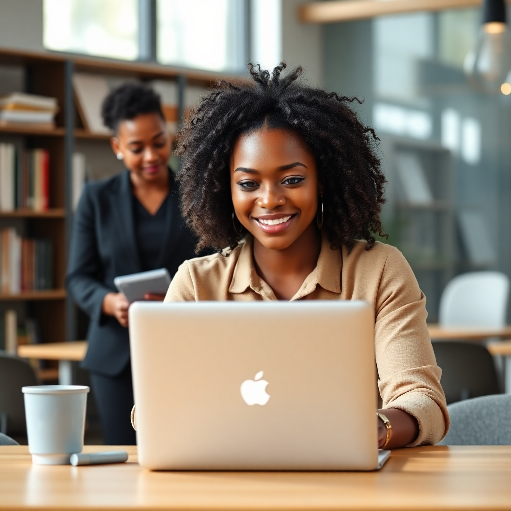 A photorealistic image depicting a Black female entrepreneur confidently working on her laptop in a modern co-working space.  In the background, subtly visible, are shelves stocked with books and resources, and another Black professional is mentoring her. The lighting should be soft and natural, conveying a sense of calm and productivity. The overall tone is supportive and empowering.