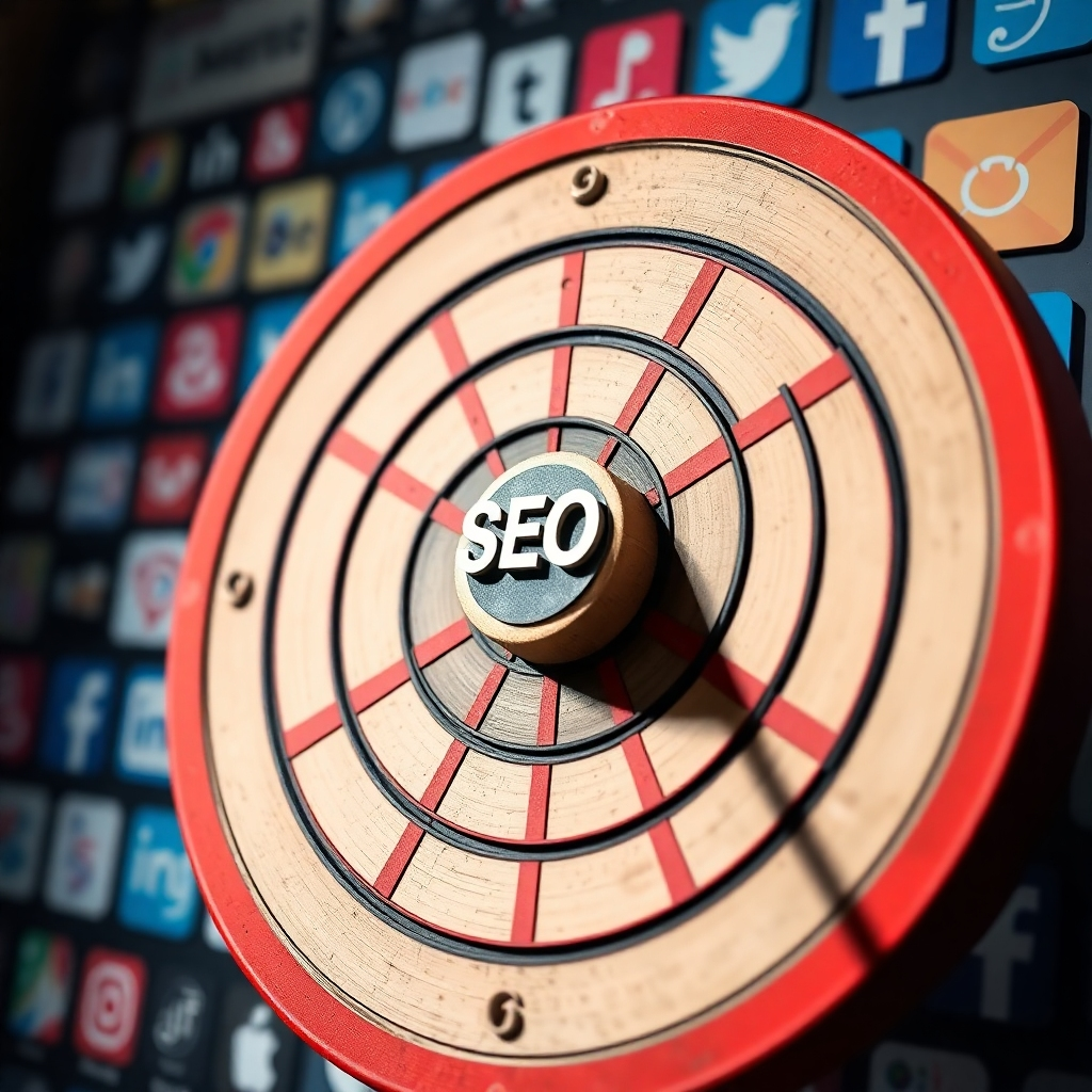 A photorealistic image depicting a dartboard with a bullseye representing SEO and email marketing, clearly highlighted and emphasized, while other marketing channels are less prominent or faded. The background should subtly display various marketing icons (social media logos, ads, etc.). The overall feel should be clean and professional, emphasizing strategic focus.