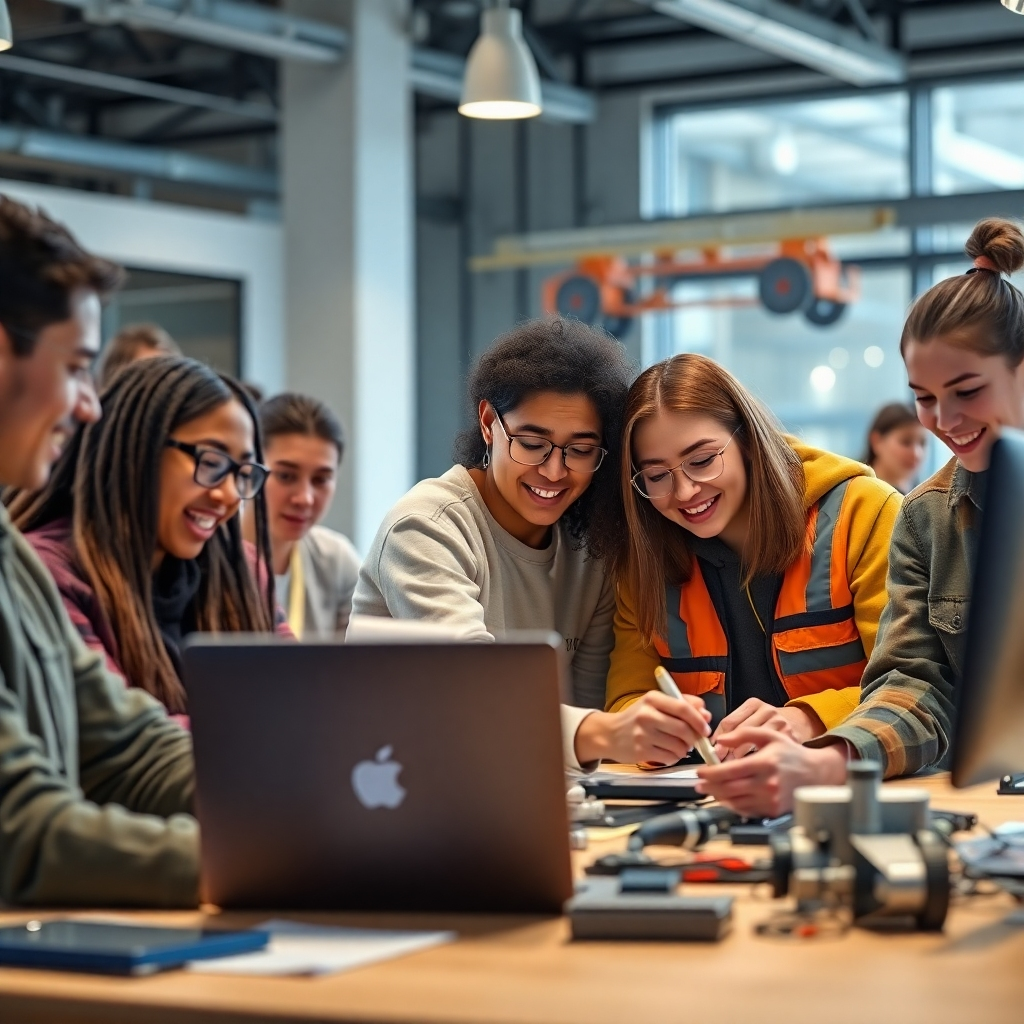 A photorealistic image depicting a diverse group of students actively participating in a hands-on workshop, showcasing focused engagement with tools, equipment, or software relevant to their chosen field (e.g., a coding workshop, a construction site simulation, a design studio). The setting should be modern and well-lit, emphasizing collaboration and a positive learning environment. High-resolution, sharp focus, and vibrant colors are crucial.