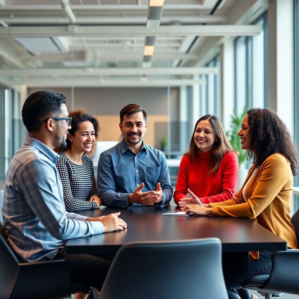 A photorealistic image depicting a friendly, collaborative meeting between a diverse team of Oxbridge Content marketers and a client in a well-lit, modern office. The focus should be on engaged conversation and positive body language, suggesting a strong client relationship. Subtle branding elements of Oxbridge Content can be included.