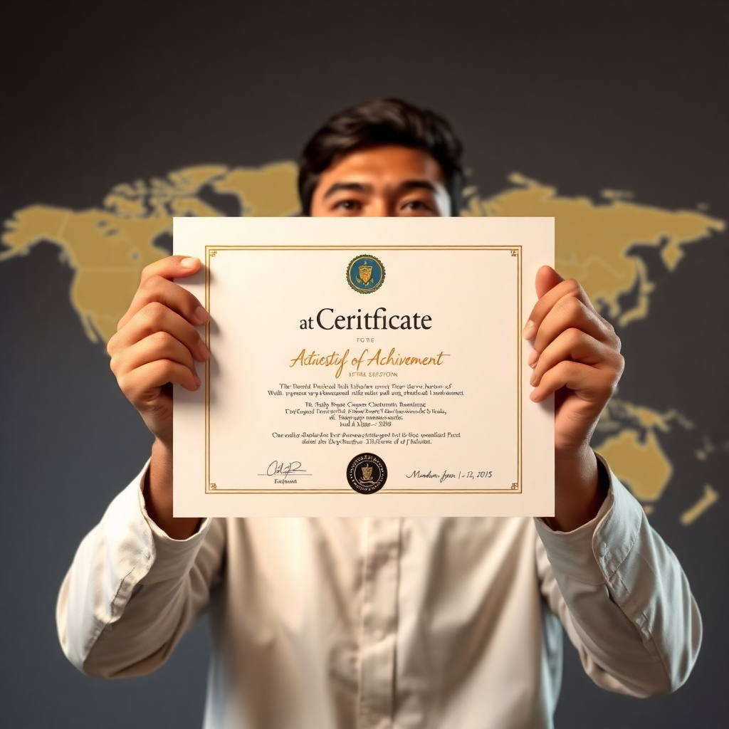 A photorealistic image depicting a person proudly holding a certificate of achievement, with a world map subtly incorporated into the background to highlight global recognition. The certificate should feature a professional and credible design. The individual's expression should convey a sense of accomplishment and pride. High-quality, professional lighting and image resolution are essential.