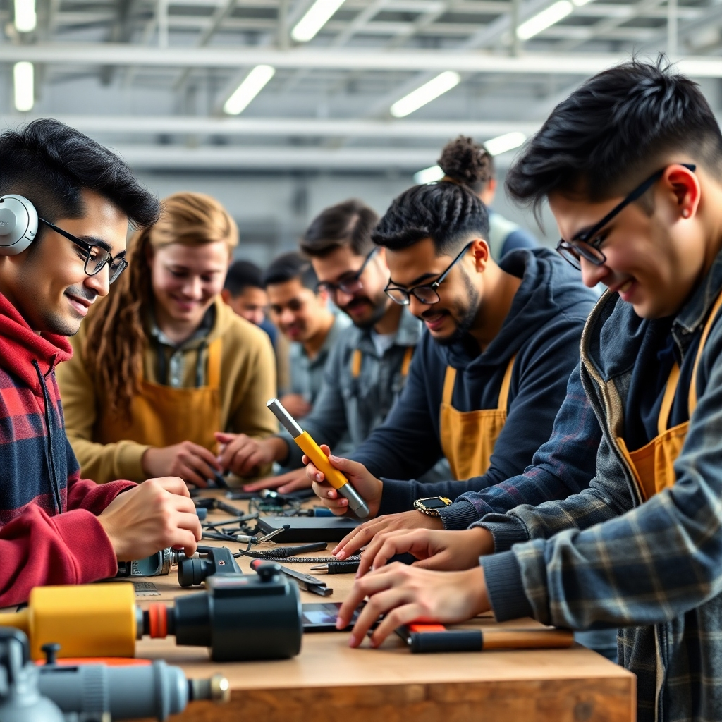 A photorealistic image depicting a diverse group of students actively engaged in a hands-on workshop.  Show detailed close-ups of tools, equipment, and materials relevant to various professional fields like coding, graphic design, and construction.  The students should look engaged, focused, and happy. The background should be a modern, well-lit workshop or training facility.