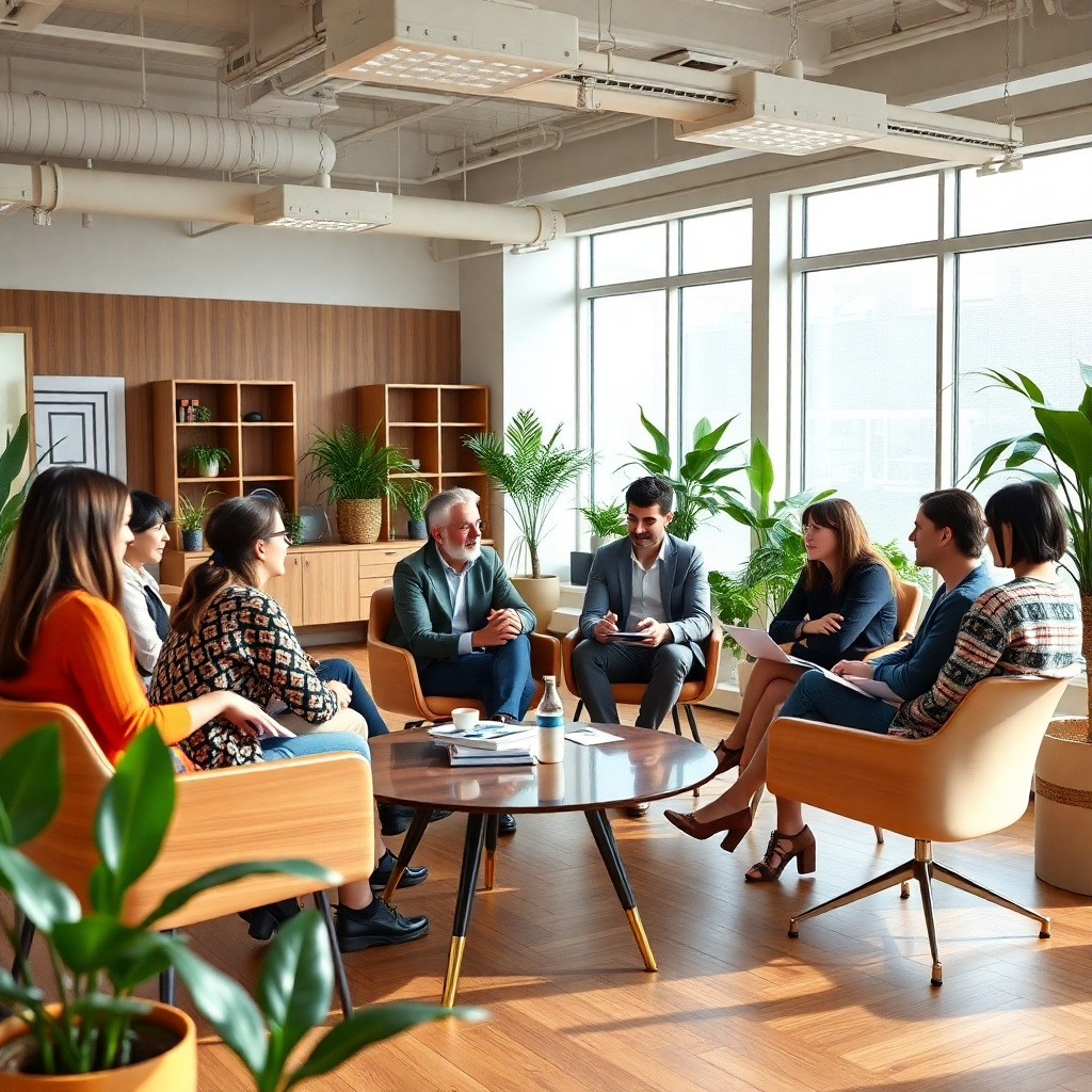 A photorealistic image depicting a team meeting in a bright, modern office. People are actively engaged in discussion, with diverse body language showing collaboration and energy. The office features natural wood furniture and plenty of plants. The overall mood is positive and inviting, focusing on teamwork and open communication.