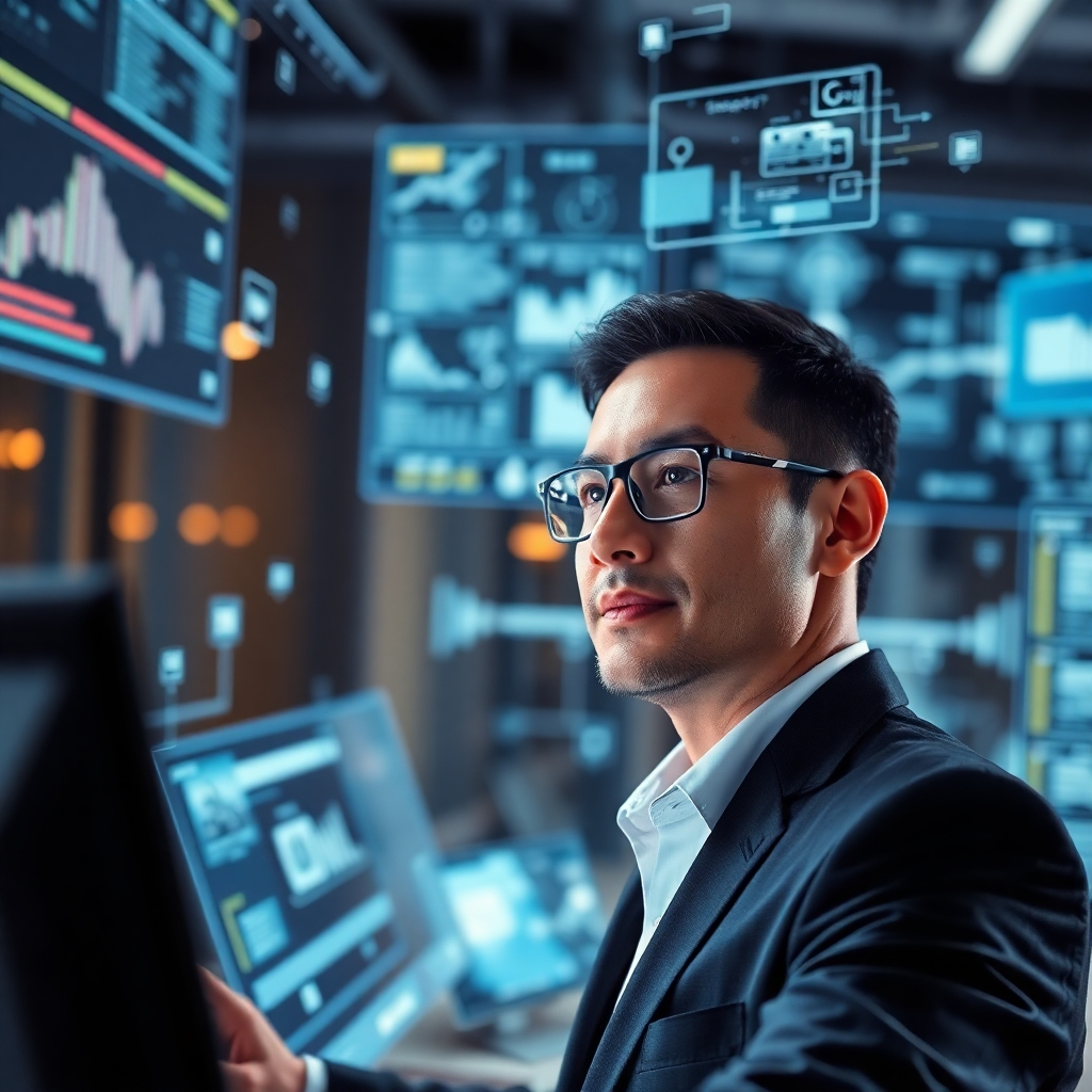 A photorealistic image depicting a professional navigating a dynamic and ever-changing digital landscape.  Visual elements could include holographic projections, data streams, interactive screens, and futuristic technology integrated into the professional's workflow.  The professional's expression should convey confidence and adaptability. The background should suggest a forward-thinking, innovative, and rapidly evolving technological environment.
