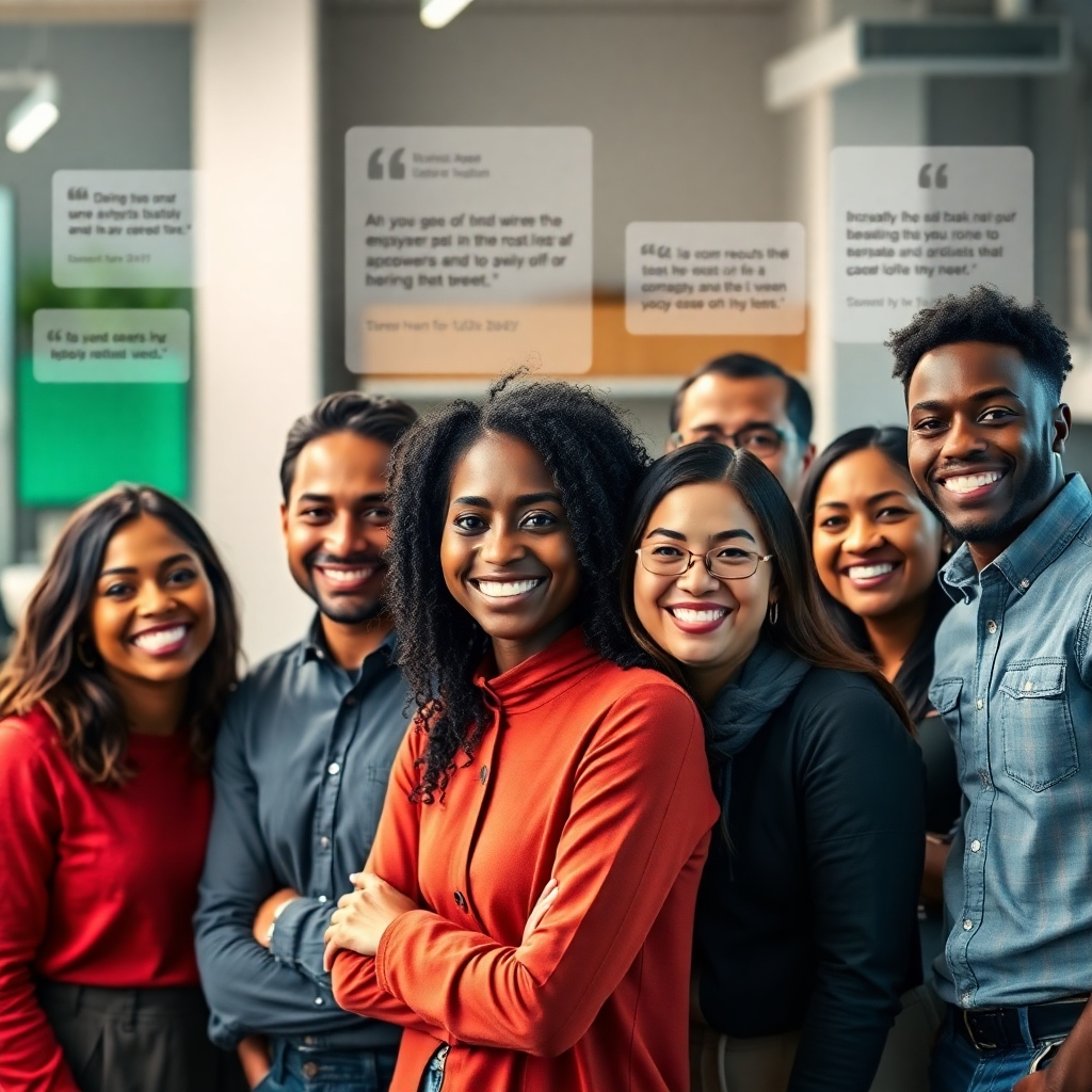 A photorealistic image featuring diverse individuals smiling confidently. They are positioned in a dynamic and collaborative setting, perhaps a modern office or workshop.  In the background, subtly displayed, are snippets of positive testimonials and achievement graphics, all in a vibrant color scheme reflecting REE's brand.  The image should project a feeling of accomplishment and shared success.