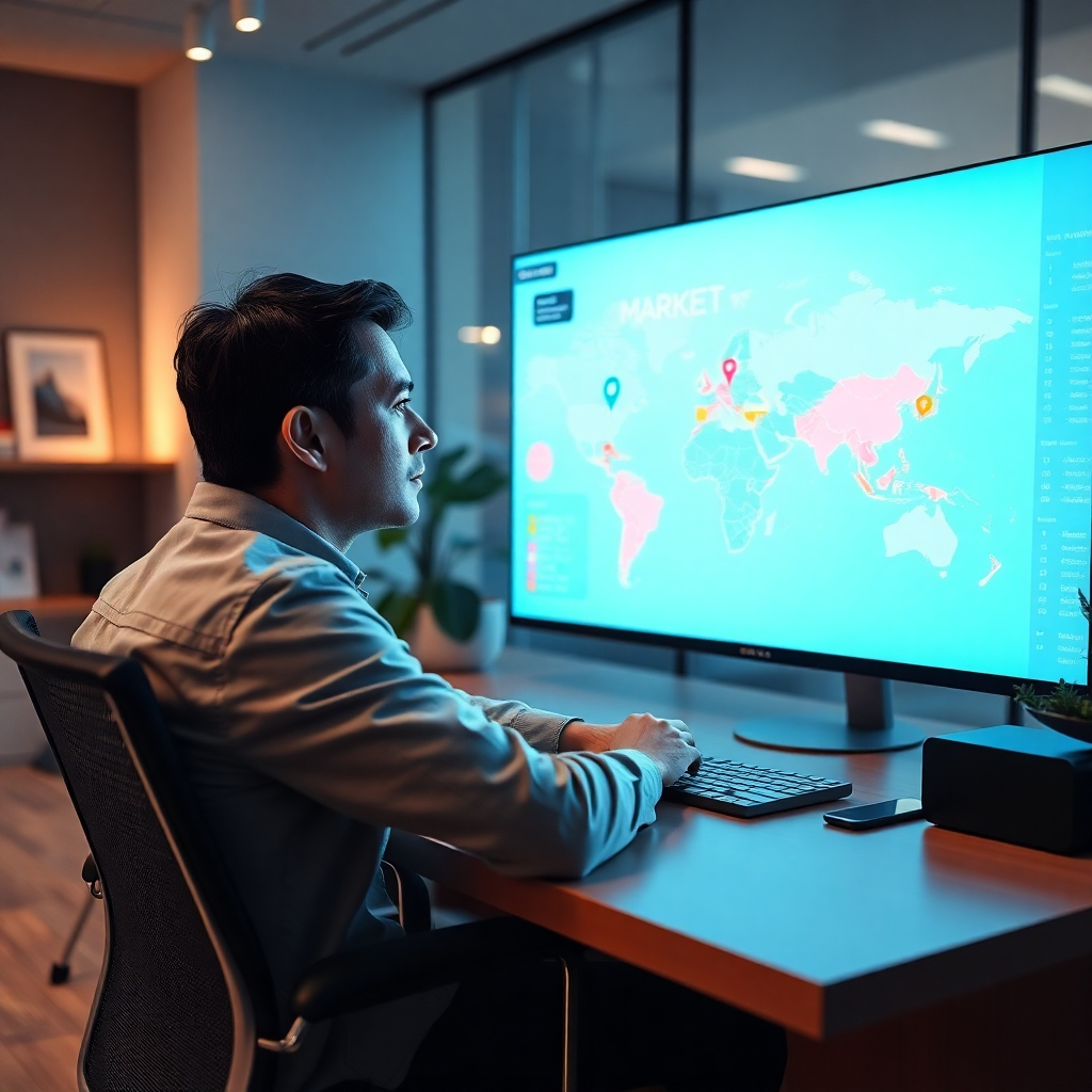 A photorealistic image, in 8K resolution, featuring a person sitting at a desk in a brightly lit, modern office.  They're looking intently at a large map highlighting key market regions with color-coded data pins.  The map is a digital screen integrated seamlessly into the desk.  The lighting is soft and diffused, creating a calm, focused atmosphere. The color palette is vibrant but not overly saturated, using a mix of cool and warm colors to highlight data insights and spatial relationships. The camera angle is slightly elevated, providing a good view of both the person and the interactive map. The person's expression should be one of thoughtful concentration and subtle excitement.   Textures should be crisp and detailed – the smooth surface of the desk, the slightly rough texture of the clothing, the clarity of the map details.  The image should be in the style of a modern business magazine photo, aiming for a professional, authoritative look. Environmental elements include subtly-visible charts and graphs, adding context to the market analysis.   The overall impression should convey clarity, insight, and strategic planning.