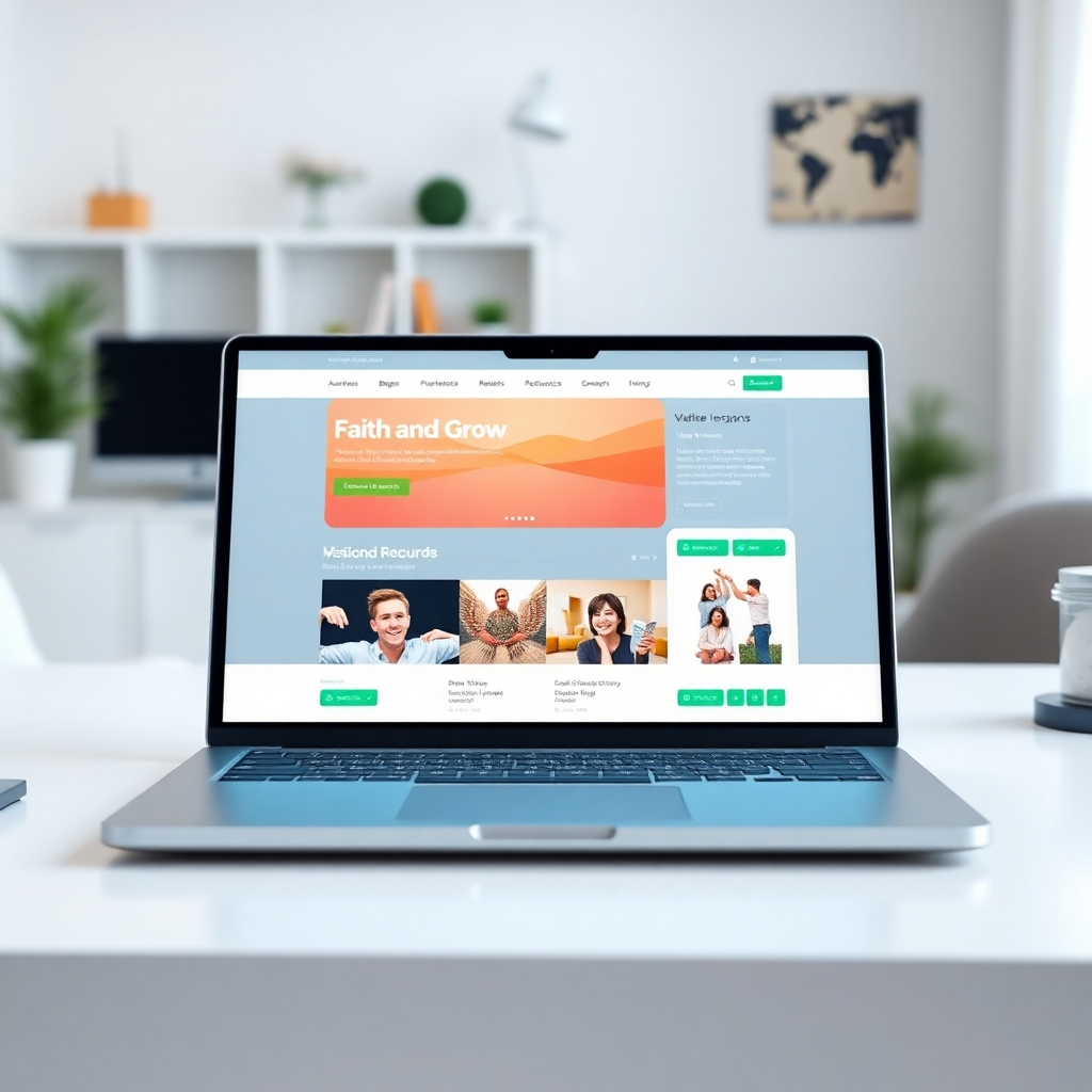 A photorealistic image in 8k resolution, hyperrealistic detail. Depict a modern, minimalist laptop displaying a vibrant, user-friendly website interface for 'Faith and Grow' online resources. The laptop rests on a clean, white desk against a backdrop of a blurred but visible home office with soft, diffused lighting.  The color palette is clean and modern, using light blues, greens, and whites, with accent colors from the 'Faith and Grow' logo.  The camera angle is a close-up, focusing on the website's design and functionality.  The texture of the laptop, desk, and surrounding elements should be detailed and realistic. The image should showcase the website's interactive elements, such as video lessons, downloadable resources, and community forums.  The style should evoke a sense of calm and ease of use. The mood should be inviting, informative, and inspiring. This should reflect a user-friendly interface with easy navigation and high-quality multimedia content.  The overall style should resemble a high-end technology advertisement, emphasizing clarity and ease of use. The image should feel clean, modern, and inviting, conveying a sense of accessibility and support.