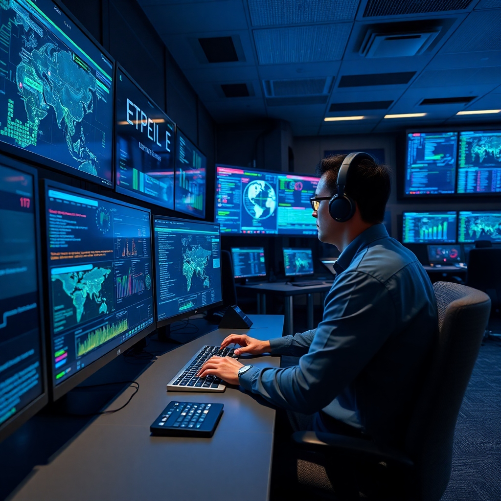 A photorealistic image in 8K resolution, depicting a cybersecurity professional in a high-tech security operations center (SOC). The lighting should be a mix of cool blues and greens from the monitors, with subtle warmer tones from ambient lighting. The color palette is a mix of deep blues, cool grays, and subtle greens, evoking a sense of high-tech security and vigilance.  The camera angle is slightly elevated, providing a dynamic view of the control room filled with many monitors displaying various security feeds and graphs.  Textures should be meticulously detailed – the smooth glass of the monitors, the metallic keyboards, and the subtle texture of the fabrics of the chairs.  The image needs to depict advanced technologies, such as complex network diagrams and live security feeds on multiple screens, showing active threat detection and response.  The cybersecurity professional is focused on a large monitor displaying threat data, analyzing logs, and implementing security measures.  The environment should be highly technological, featuring rows of monitors displaying complex network maps, security alerts, and data streams. The background should include specialized cybersecurity equipment and a clean, high-tech aesthetic. The overall mood should be one of intense vigilance and focused problem-solving, reflecting the critical nature of cybersecurity work.  The style should evoke the feeling of a high-stakes, technologically advanced workplace. The image should be hyperrealistic and ultra-detailed.