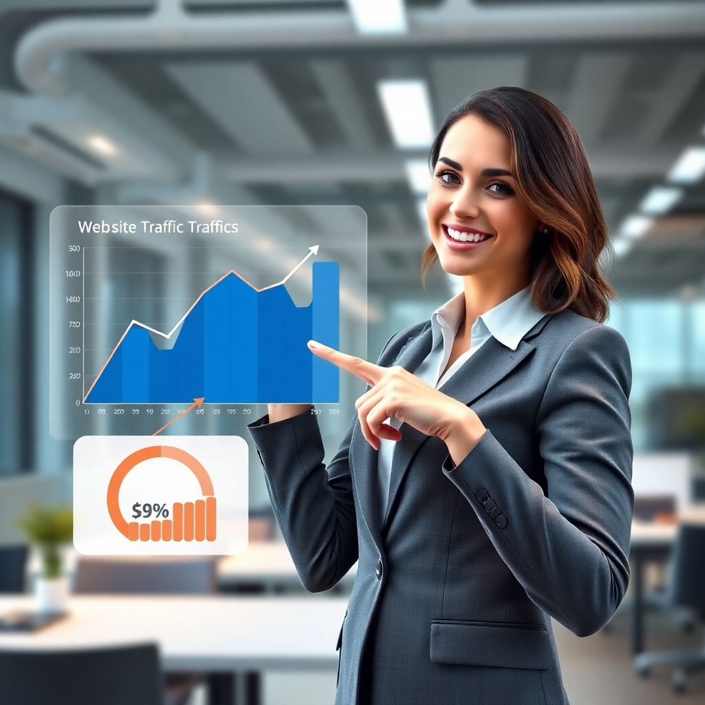 A photorealistic image of a businesswoman confidently pointing at a chart showing a steep upward trend in website traffic and lead generation, with a smaller chart showing reduced marketing budget. The background should be a modern office setting, with the main focus on the chart and the businesswoman.