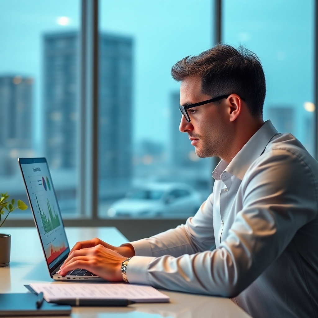 A photorealistic image of a business professional in a modern office, intensely focused on a laptop screen displaying a detailed business plan graph, with subtle background elements suggesting success and planning, such as a cityscape view or financial charts.
