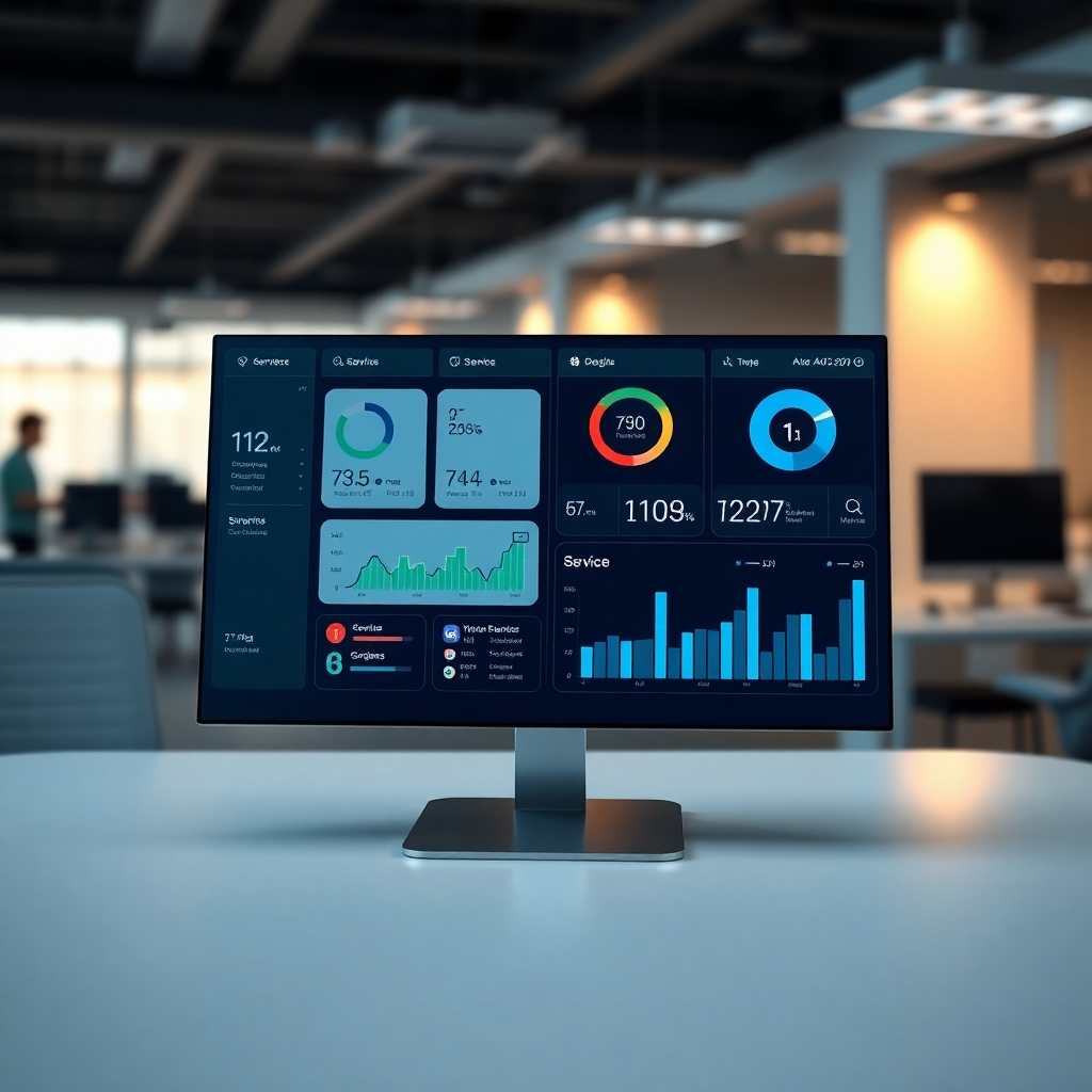 A photorealistic image of a clean, modern dashboard displaying various service metrics and options.  The dashboard should have a calming color scheme, with clear icons and data visualizations.  The background should be subtly blurred, suggesting a professional office environment.  The overall feeling should be one of calm efficiency and control.