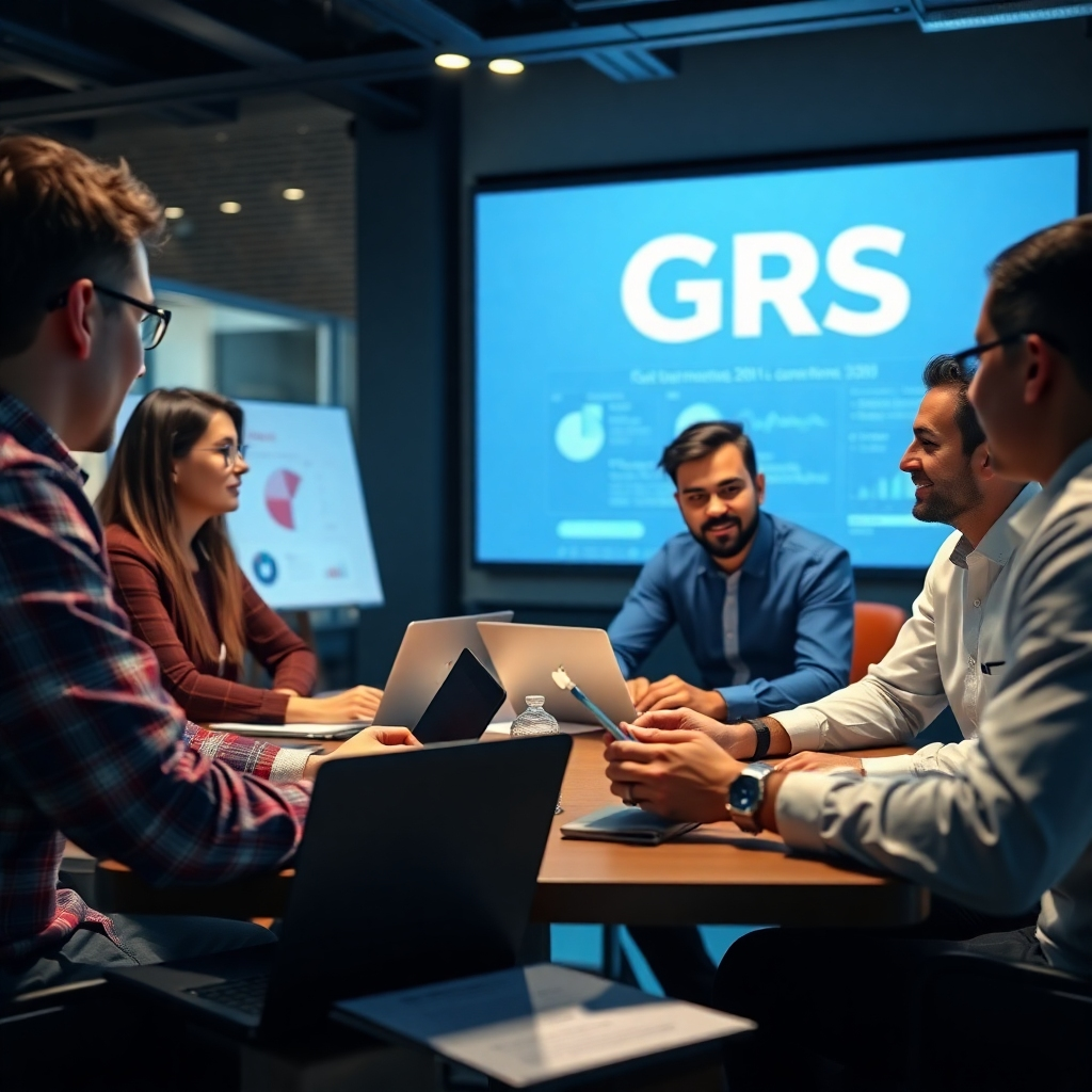 A photorealistic image of a collaborative meeting between GRS representatives and industry professionals.  They're discussing curriculum or a project, showcasing a partnership between academia and the professional world, with laptops, charts, and a GRS logo visible.