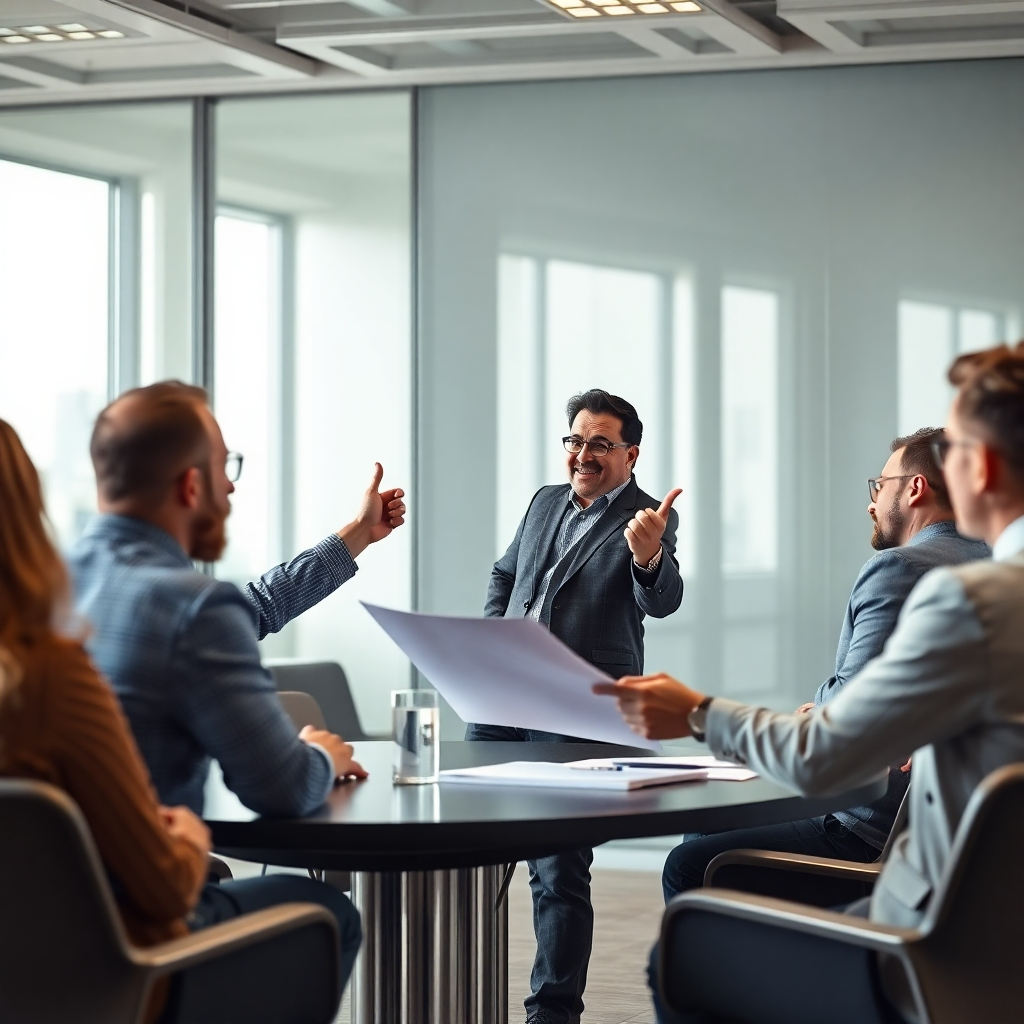 A photorealistic image of a confident entrepreneur passionately presenting their business plan to a group of attentive investors in a modern, well-lit meeting room. The scene should emphasize the engaging storytelling aspect of the presentation, with subtle visual cues like body language and facial expressions conveying enthusiasm and conviction. The overall mood should be positive and energetic, reflecting the impactful nature of the narrative.