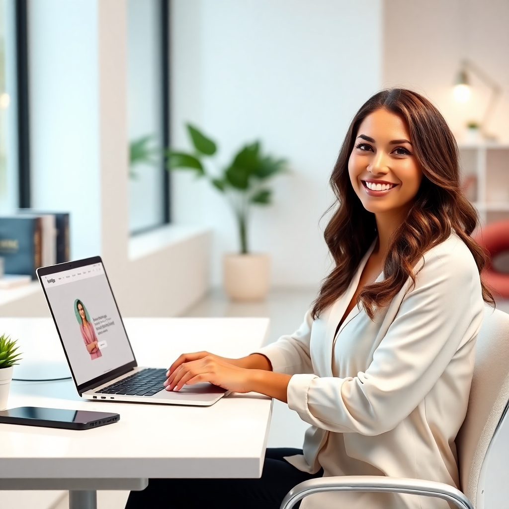 A photorealistic image of a confident woman smiling, sitting at a modern desk with a laptop displaying a website mockup showcasing a unique personal development brand.  The background should be a minimalist, bright office space, with elements subtly suggesting her niche, such as books on personal finance or a yoga mat in the corner. The overall mood should be optimistic and empowering.