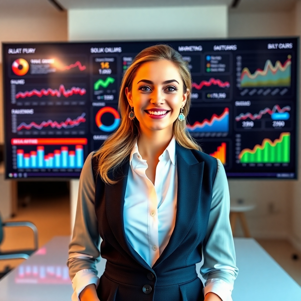 A photorealistic image of a confident woman, mid-30s, standing proudly in front of a large screen displaying various affiliate marketing graphs and data. She is stylishly dressed, radiating success and professionalism. The background is a modern, tech-savvy office.  The image needs to convey confidence, achievement, and professional success. High resolution, sharp focus, vibrant colors.