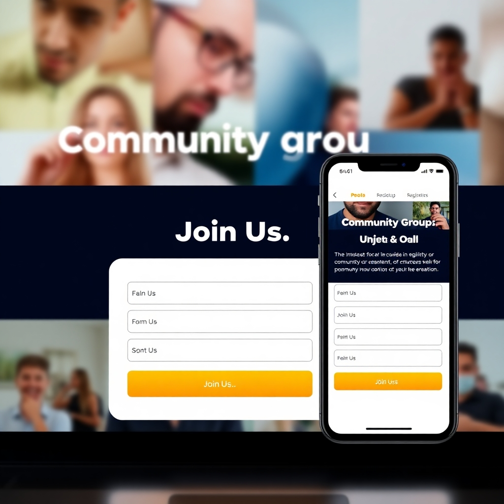 A photorealistic image of a community group's webpage with a prominent, brightly colored 'Join Us' button. The button leads to a clear, concise registration form with minimal fields. The background features images or design elements subtly reflecting the community's theme. The entire registration process looks simple and intuitive, emphasizing a user-friendly experience. The image should showcase both desktop and mobile views side-by-side to highlight responsiveness.