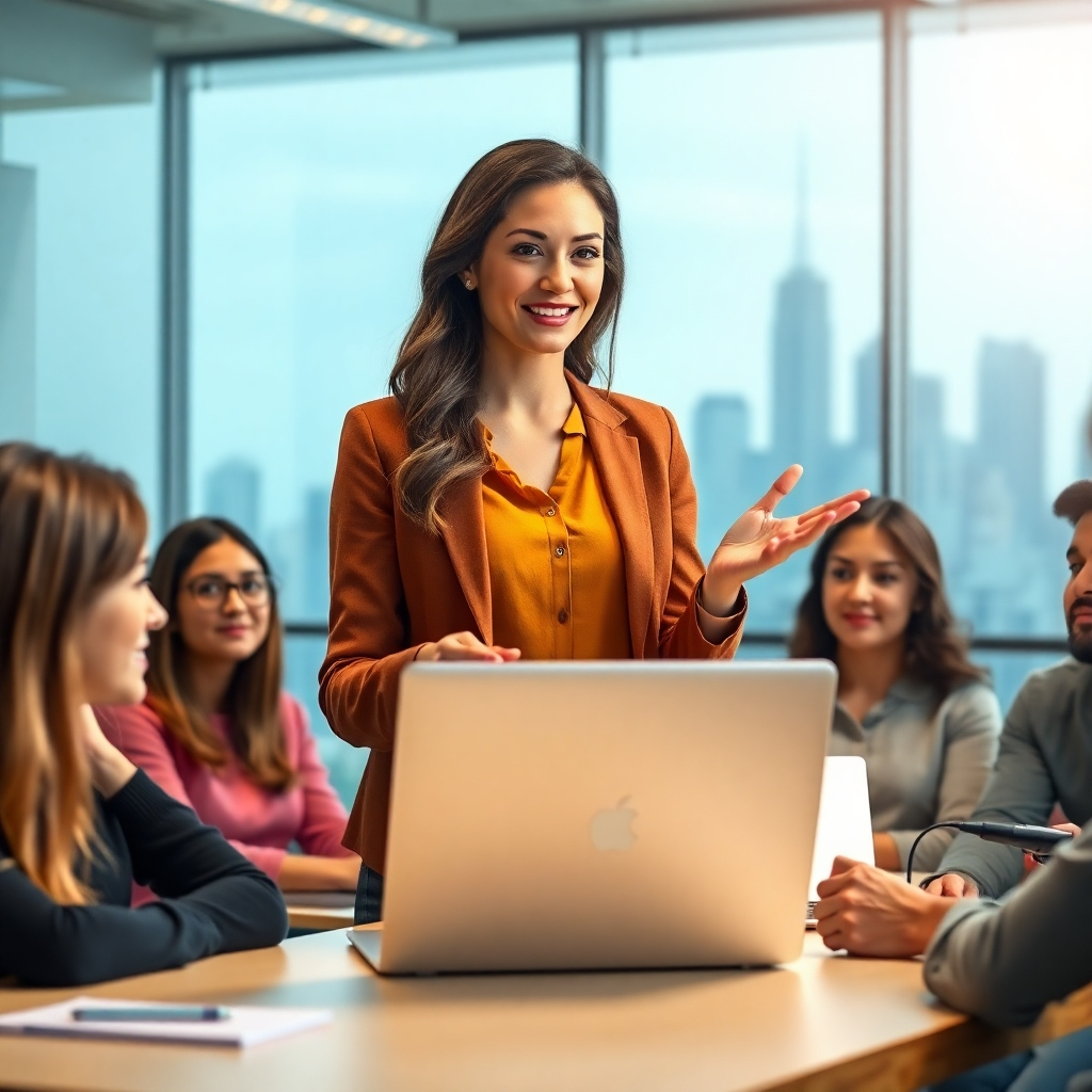 A photorealistic image of a confident woman giving a presentation on a laptop, surrounded by attentive students in a bright, modern classroom, demonstrating digital marketing skills and career growth potential; a subtle background of a city skyline signifying professional success.