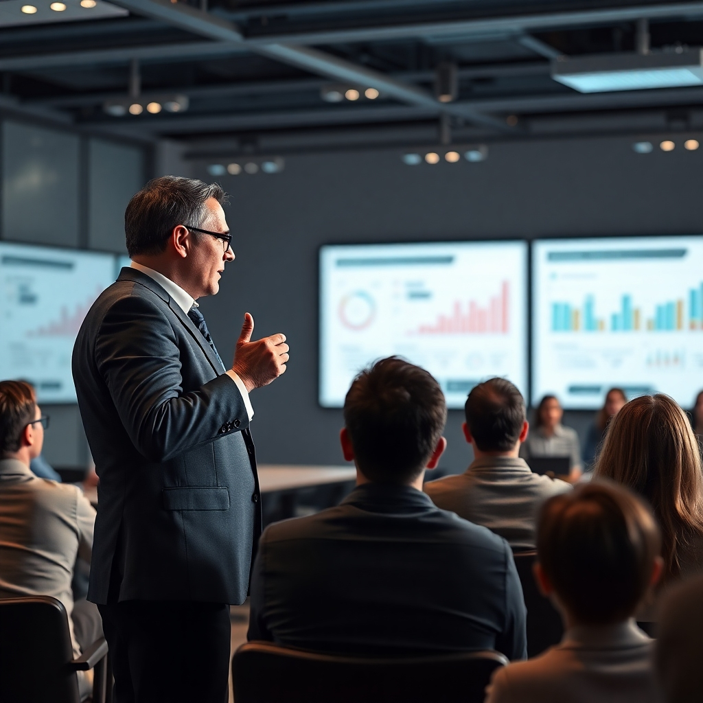 A photorealistic image of a determined leader presenting a dynamic presentation to a captivated audience.  The background should suggest a modern conference room with large screens displaying inspiring charts and graphs. The image should emphasize the leader's confident body language and the audience's engagement. The overall feeling should be one of strategic thinking, forward momentum, and inspirational leadership.