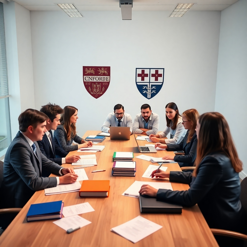 A photorealistic image of a diverse group of people, dressed in smart casual attire, collaborating around a large table in a modern, bright office.  Papers, laptops, and books are scattered thoughtfully across the table.  The background subtly features Oxford and Cambridge University crests.  The overall mood is one of focused collaboration and intellectual energy. The lighting should be natural and bright, enhancing the feeling of productivity and teamwork.