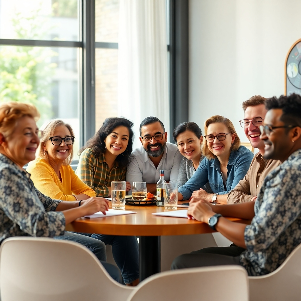 A photorealistic image of a diverse group of people engaged in a lively, respectful discussion around a table. The scene should be bright and welcoming, with a feeling of collaboration and mutual respect.  The people should be of varying ages, ethnicities, and genders.  Focus on positive body language and attentive expressions.