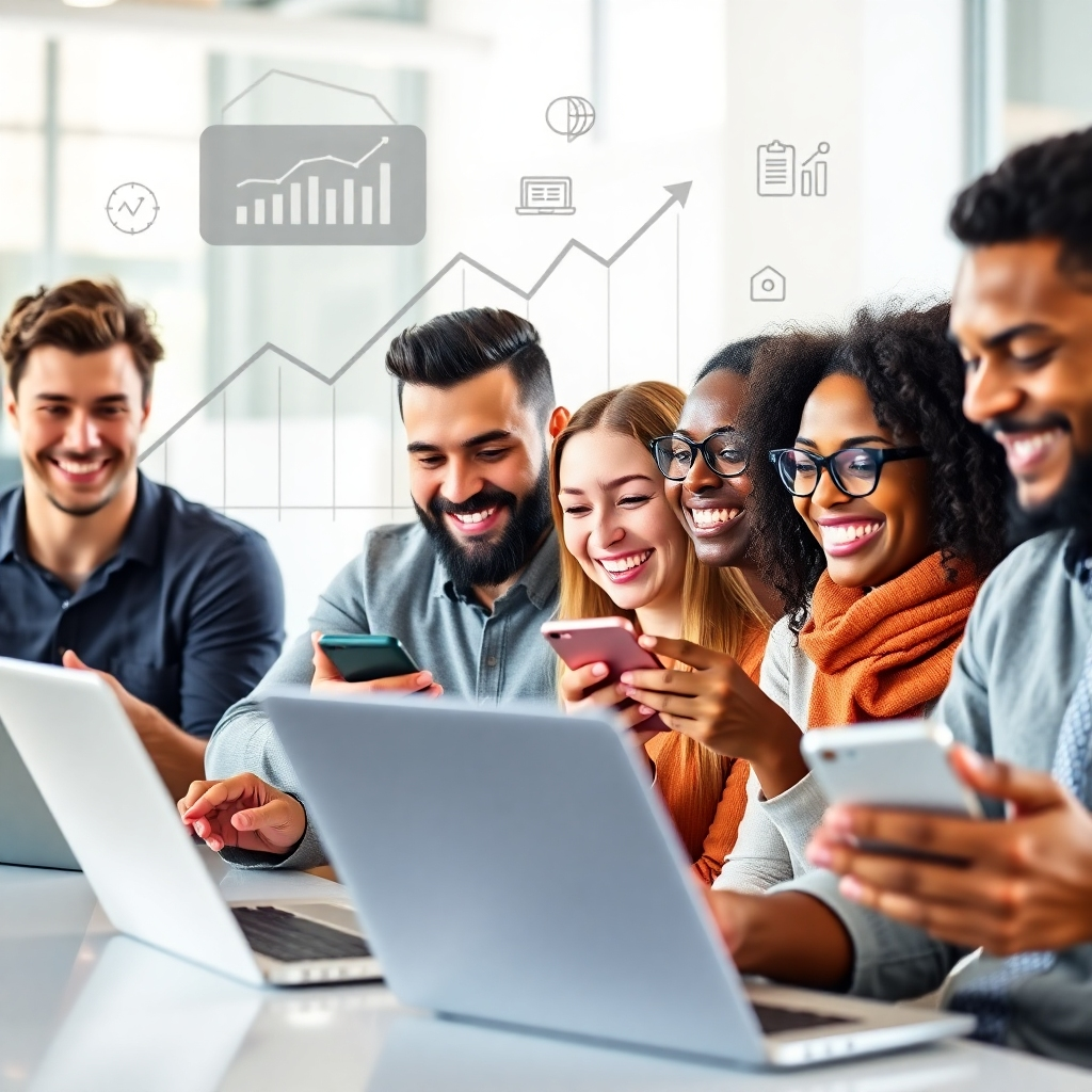 A photorealistic image of a diverse group of people of different ages and ethnicities smiling and looking at laptops, tablets, and smartphones. They are sitting in a bright, modern, and collaborative workspace. Each person is actively engaged in an online course, representing different subjects like coding, design, or marketing. The background features subtle imagery related to career progression like upward-trending graphs and icons representing various professional fields. The overall mood is positive, energetic, and motivational.