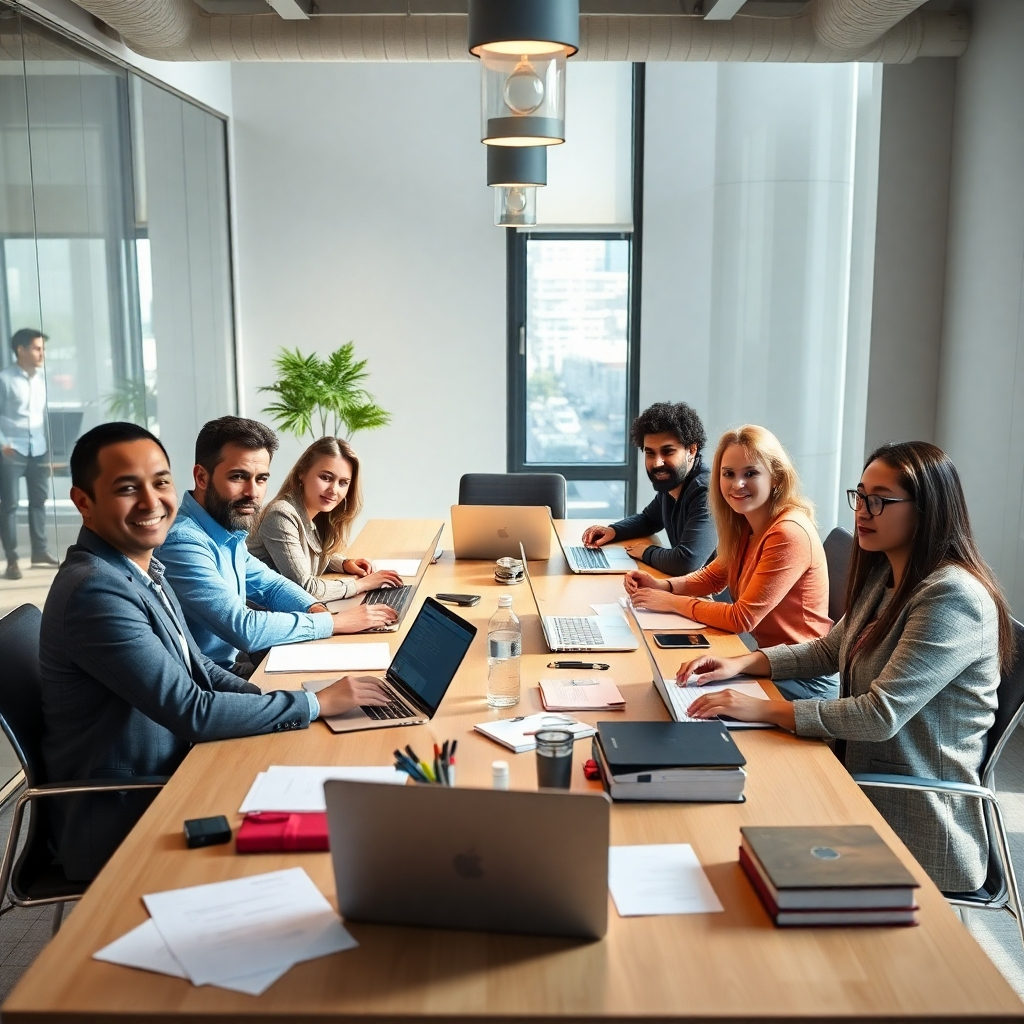 A photorealistic image of a diverse group of 5-7 professionals, appearing relaxed yet focused, sitting around a large table in a modern, bright office, working on laptops and papers.  The atmosphere is collaborative and creative.  High-quality office supplies are visible; natural light streams in from a large window.  Focus on conveying professionalism, collaboration, and creativity.