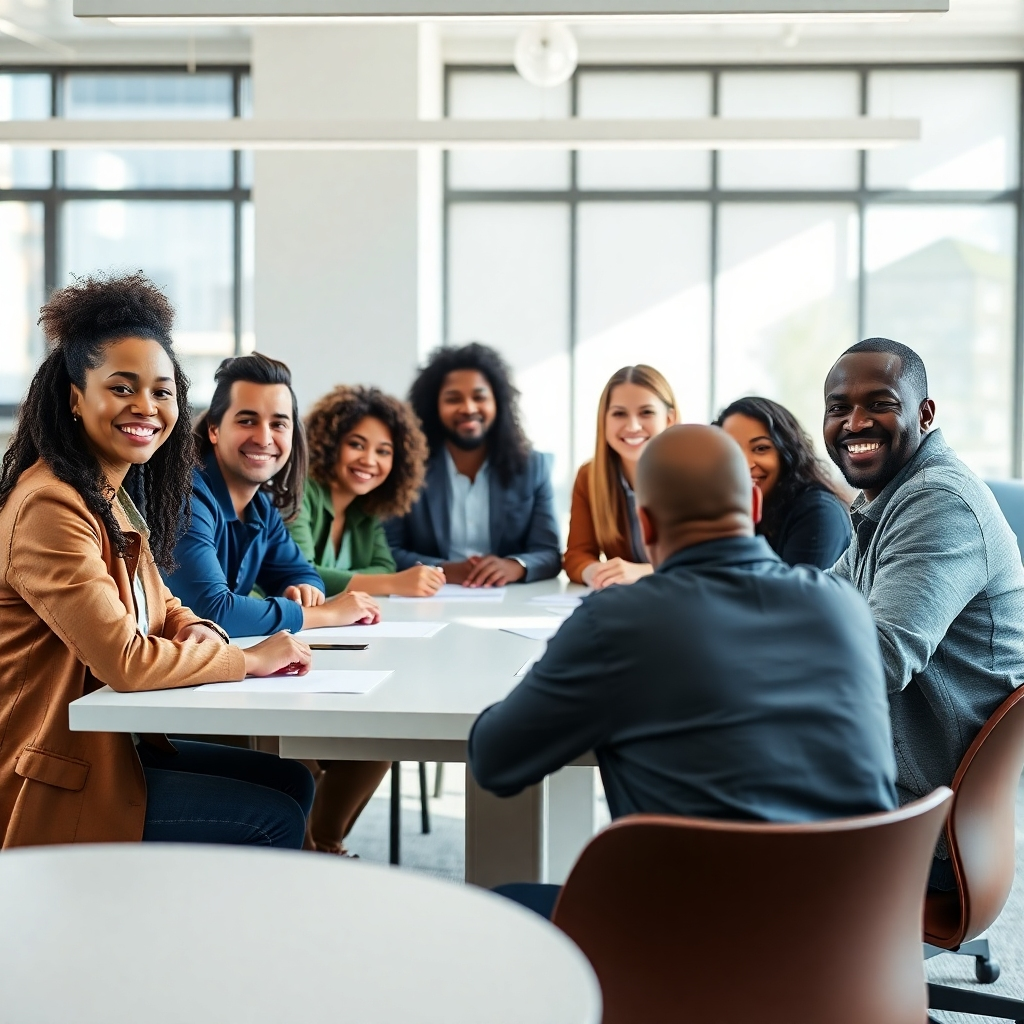 A photorealistic image of a diverse group of confident professionals, smiling and engaged in a collaborative brainstorming session around a large table. The scene is bright and airy, filled with natural light, showcasing a modern and inclusive workspace.  Focus should be on genuine expressions of collaboration and empowerment. The overall mood should be positive, energetic, and inspiring.