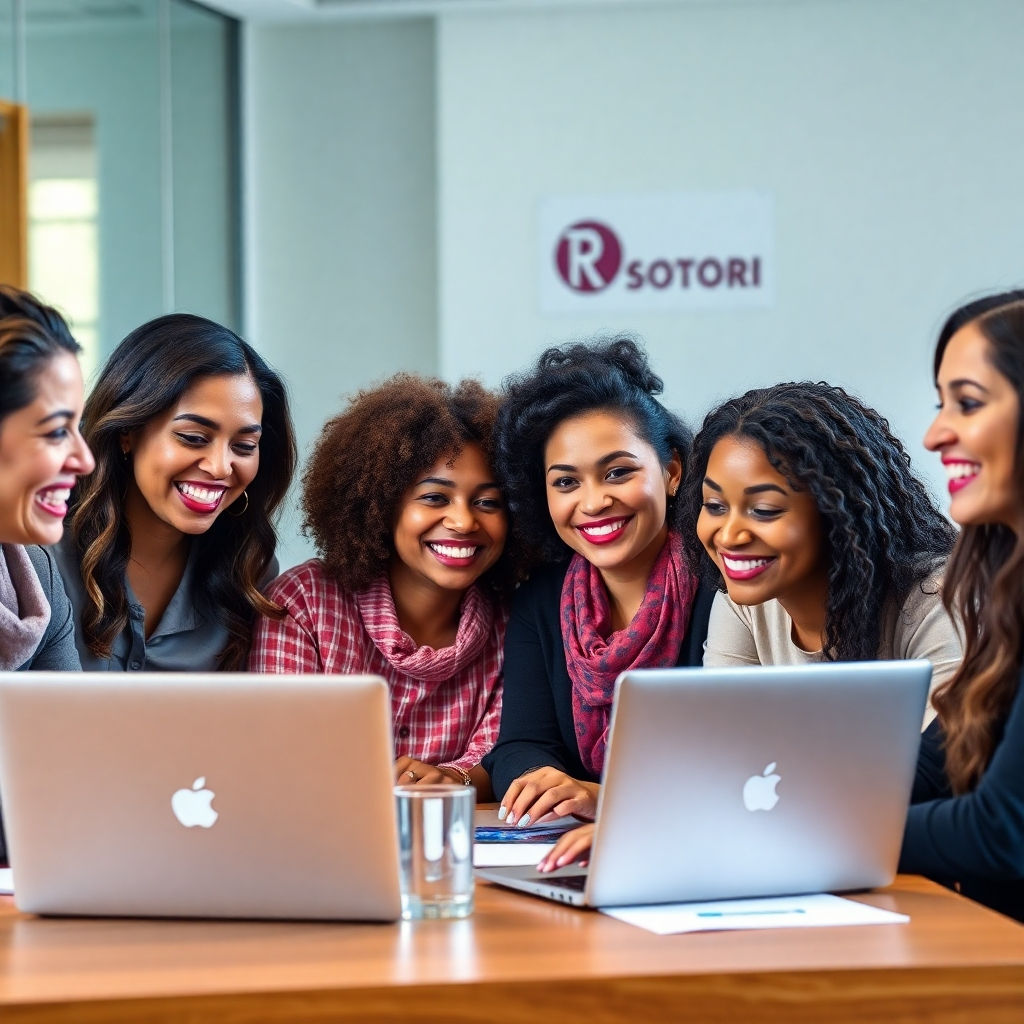 A photorealistic image of a diverse group of smiling women of different ages and ethnicities sitting around a table, actively engaged in a workshop.  They're looking at laptops and interacting, with a Rechana Sotori logo subtly visible in the background. The setting is bright and modern, conveying a sense of collaboration and empowerment.  High resolution, sharp focus, vibrant colors.