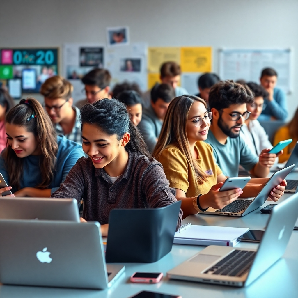A photorealistic image of a diverse group of students actively engaged in various online courses; some are coding on laptops, others are participating in a virtual design workshop, and a few are taking notes during an online business lecture.  The background should subtly show various technological elements, such as digital tablets and smart devices. The overall mood should be vibrant and positive, conveying a sense of collaboration and learning.