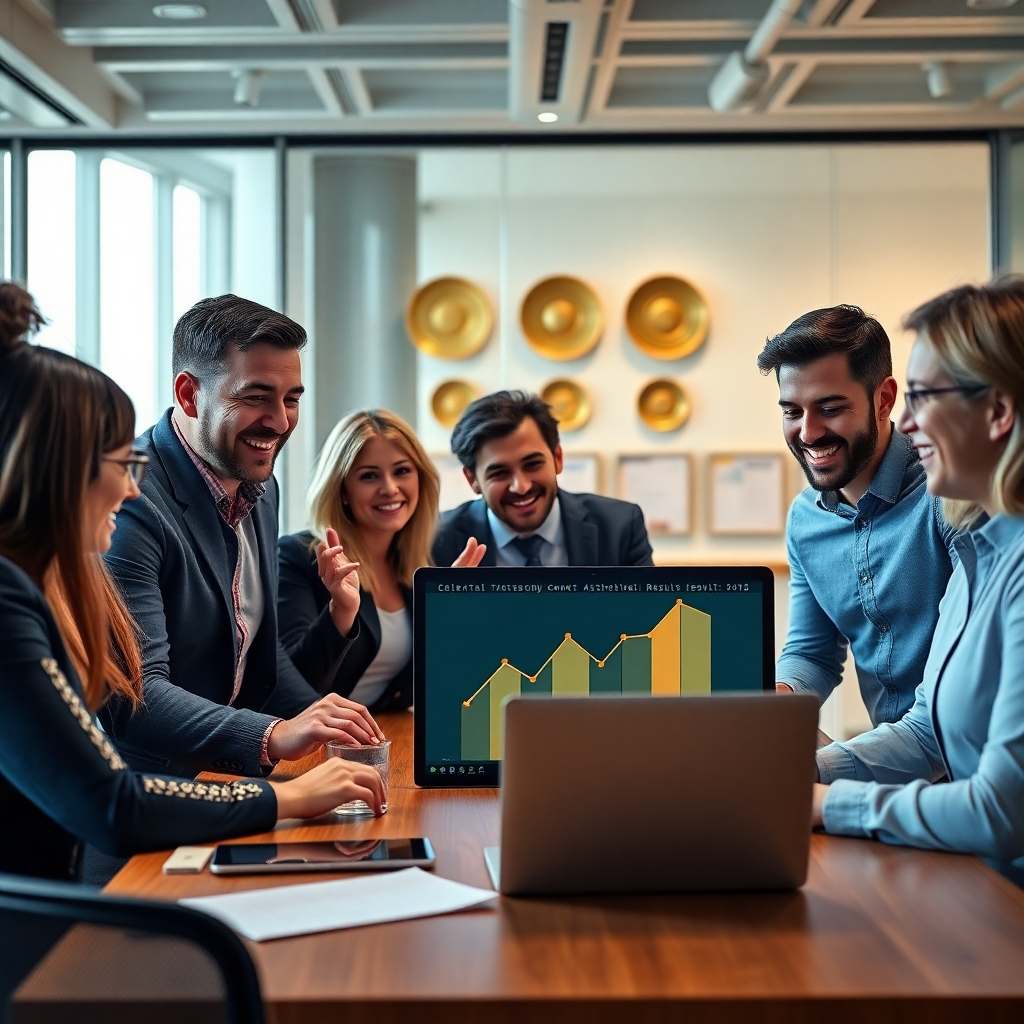 A photorealistic image of a diverse team of professionals celebrating around a table, looking at a laptop displaying a celebratory graph of upward trending results.  The office is modern and bright, with awards visible in the background. The overall mood is one of success and collaboration.