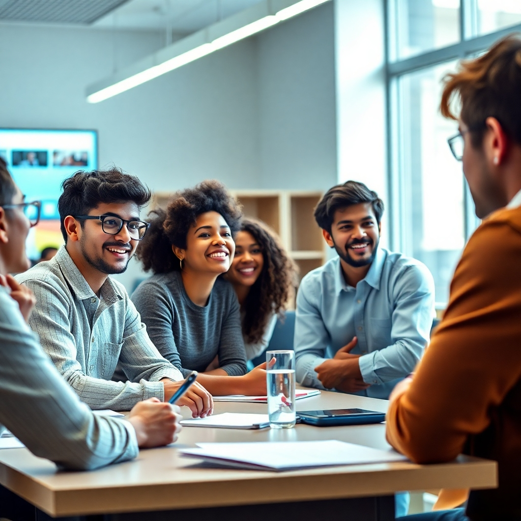 A photorealistic image of a diverse group of students engaged in a lively classroom discussion with a knowledgeable instructor. The setting is bright, modern, and technologically advanced, with interactive displays and collaborative learning spaces.