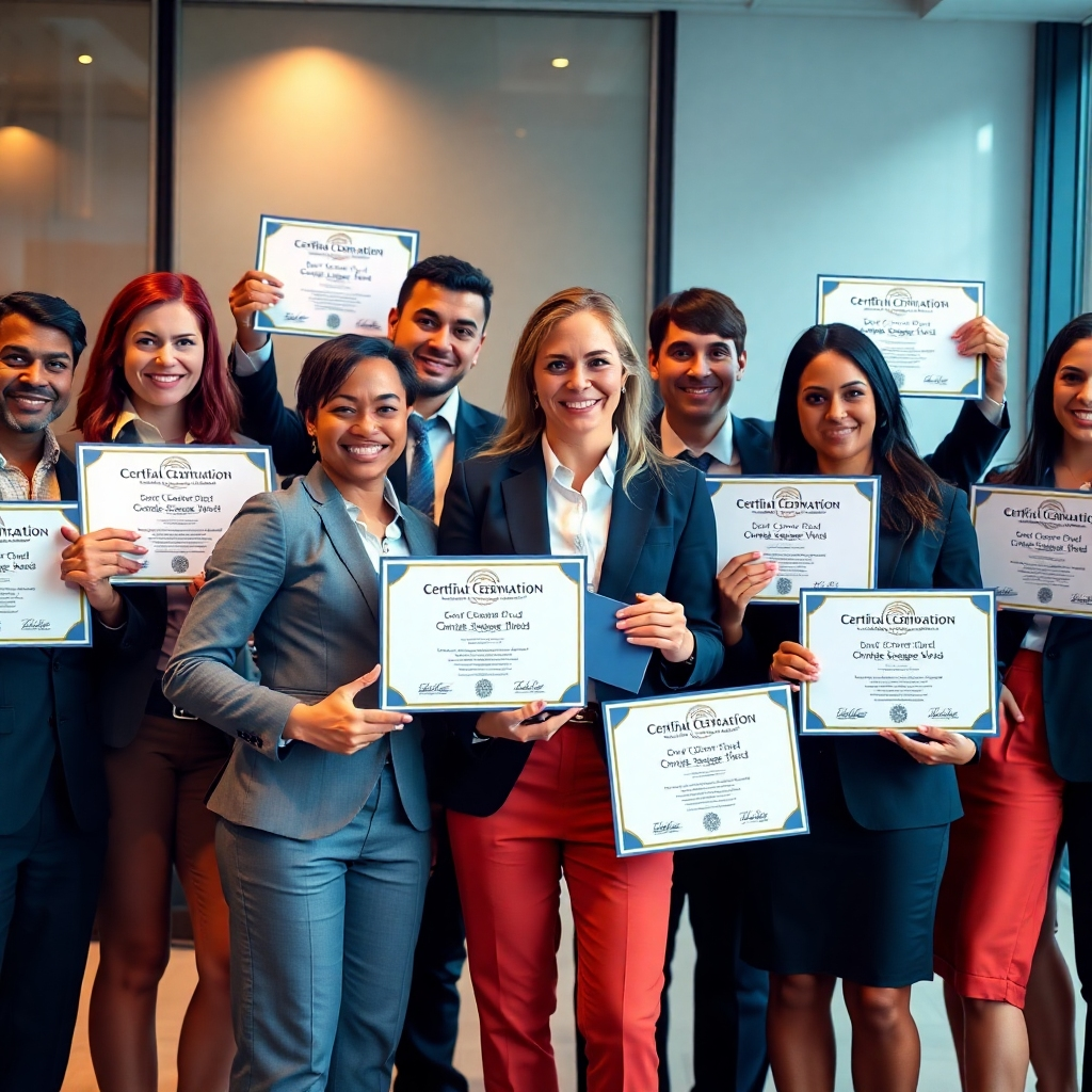 A photorealistic image of a diverse group of professionals proudly displaying their Certification International Ltd. certificates.  The background should subtly suggest a professional environment, such as a modern office or conference room. The image should focus on the certificates and the confident expressions of the professionals, conveying a sense of achievement and recognition. High-resolution, professional lighting, and a sophisticated color palette are essential.