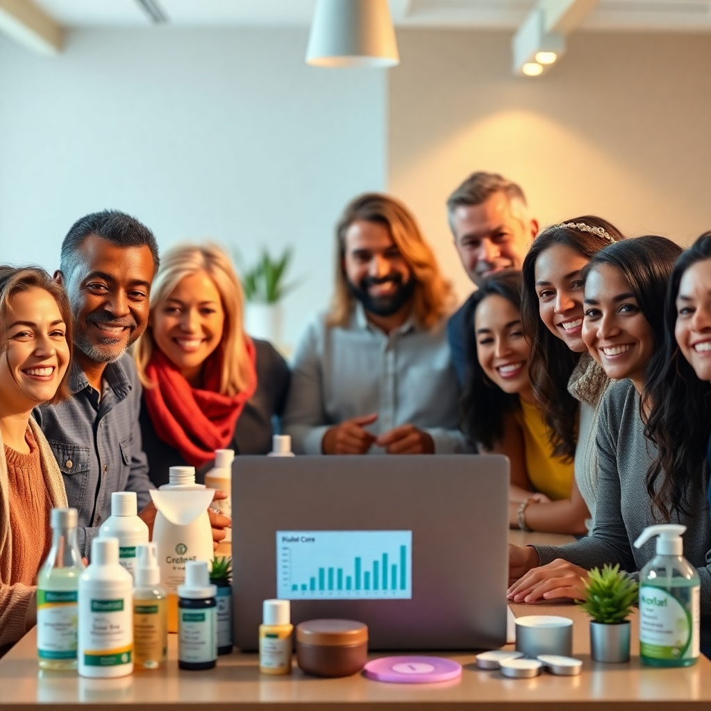 A photorealistic image of a diverse group of smiling people of different ages and ethnicities gathered around a table, showcasing various health, beauty, and home care products.  Bright, positive lighting.  A laptop displaying sales charts is in the background. The overall mood should be energetic and collaborative.
