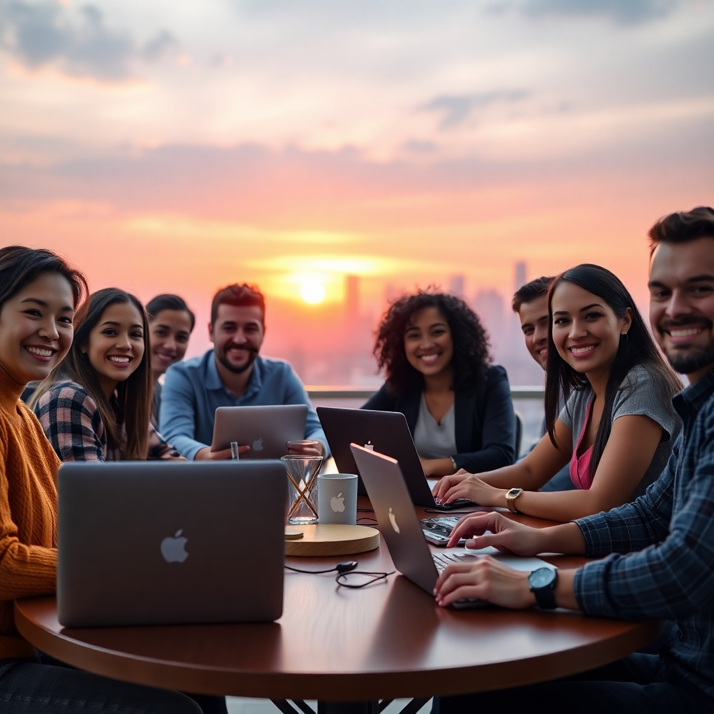 A photorealistic image of a diverse group of smiling people of different ages and backgrounds sitting around a table, laptops open, showcasing successful affiliate marketing strategies, with a subtle background showing a cityscape at sunset, symbolizing financial freedom and opportunity.