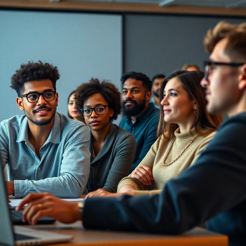 A photorealistic image of a diverse group of students attentively listening to an instructor in an online classroom setting. The instructor is engaging and enthusiastic.  The image should showcase the quality of the instruction and the diverse nature of the student body. The background should suggest a professional and technologically advanced online environment.