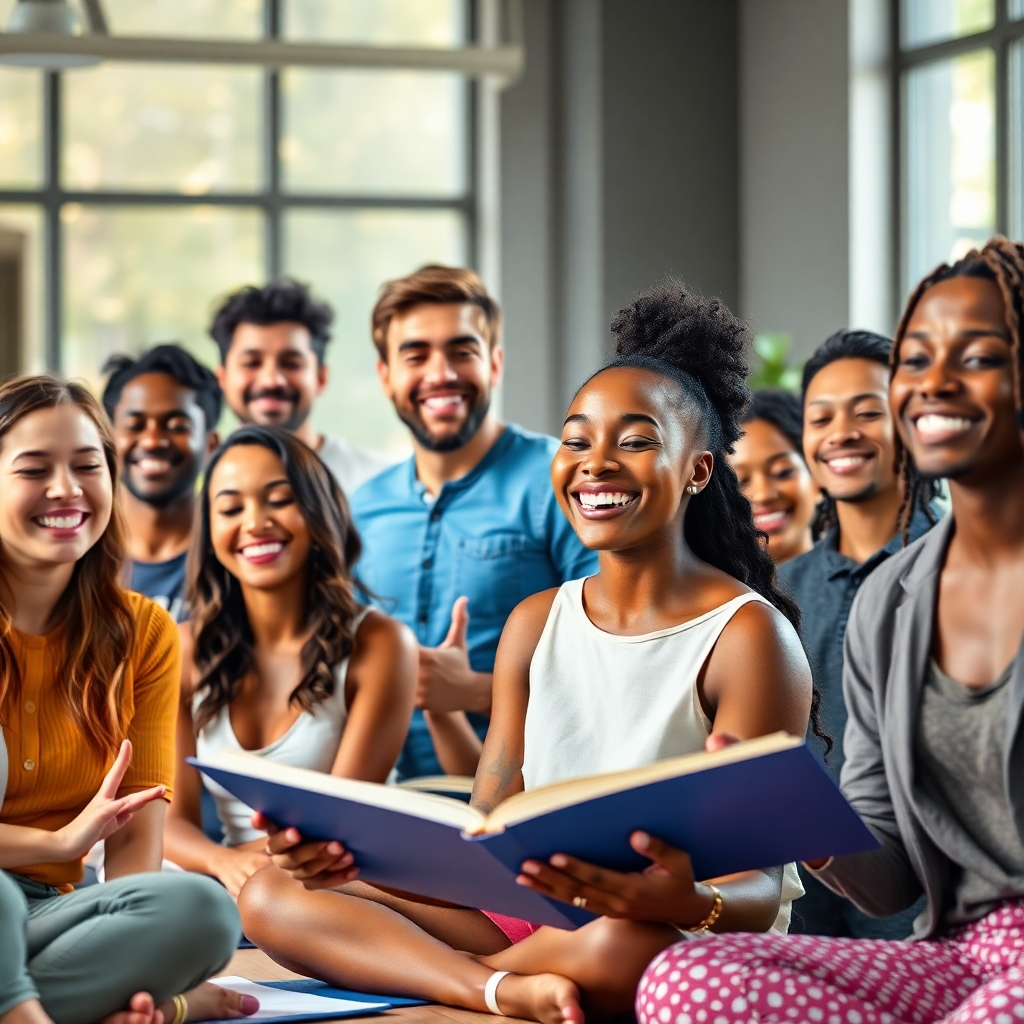A photorealistic image of a diverse group of people smiling confidently, engaged in various activities representing personal development like yoga, meditation, reading, and teamwork. The background should be a modern and bright workspace with natural light streaming in, conveying a sense of positivity and empowerment.  The overall mood should be uplifting and inspiring.