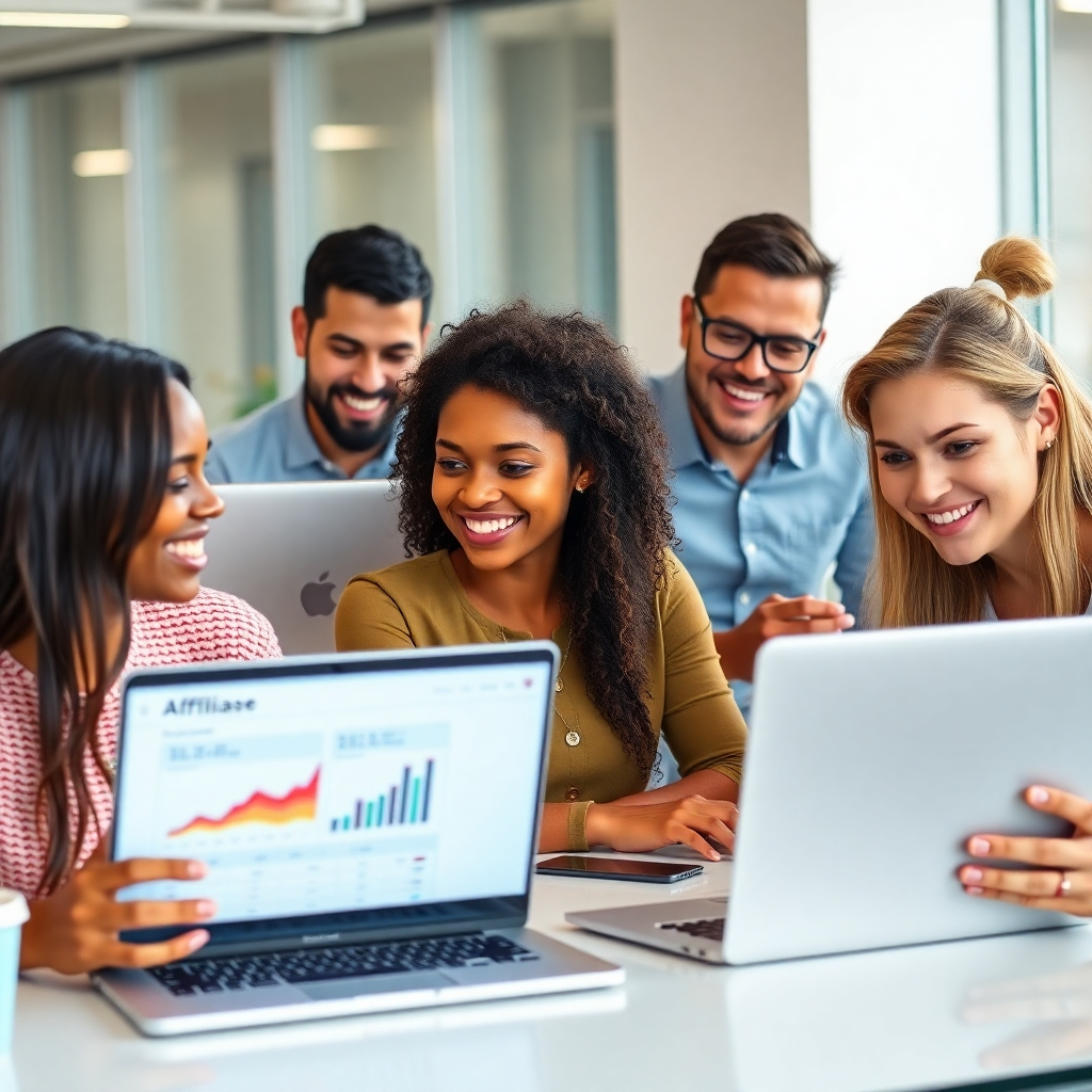 A photorealistic image of a diverse group of smiling people of different ages and ethnicities, working on laptops in a bright, modern co-working space.  They are collaborating, looking happy and successful, with affiliate marketing dashboards visible on their screens.  The overall mood is one of positivity, collaboration, and financial success. In the background, subtly display elements representing financial growth (e.g., upward trending graphs).