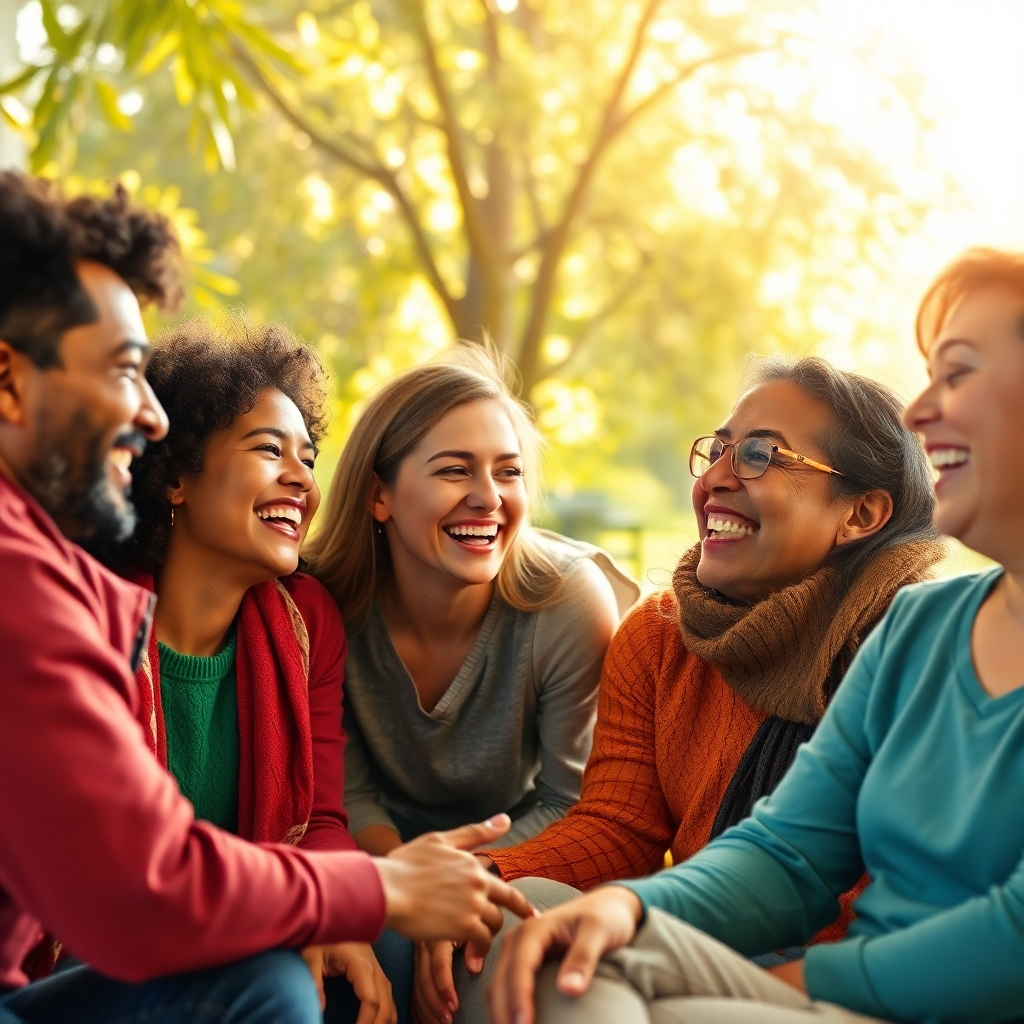 A photorealistic image of a diverse group of people laughing and talking together in a vibrant, comfortable setting, such as a sun-drenched park or a cozy living room. The expressions on their faces should radiate happiness, warmth, and genuine connection. The lighting should be soft and natural, creating a feeling of intimacy and belonging. High resolution, realistic textures, emphasis on positive body language.