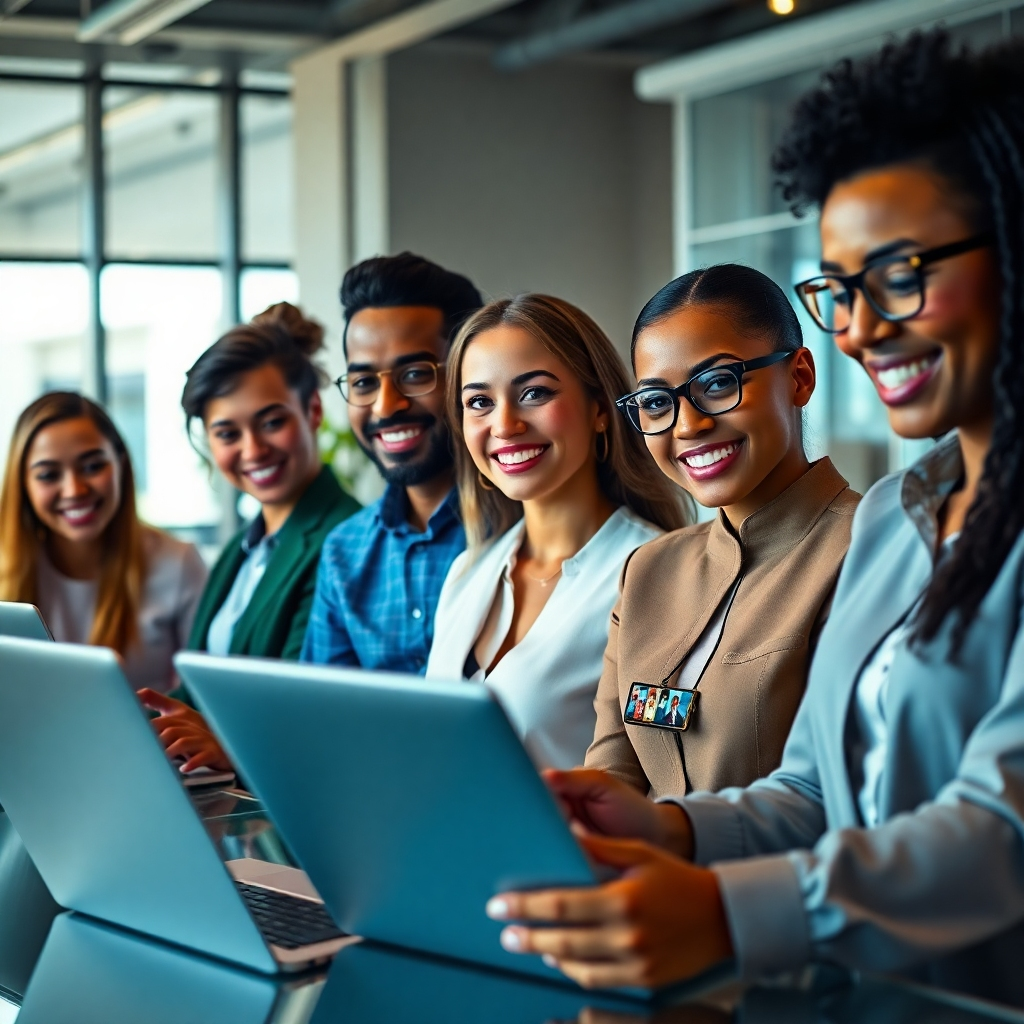A photorealistic image of a diverse group of professionals, smiling and confident, looking at laptops displaying various online course interfaces.  The background should showcase a modern, vibrant office space with soft lighting. The overall mood should be positive and aspirational, conveying a sense of success and opportunity.