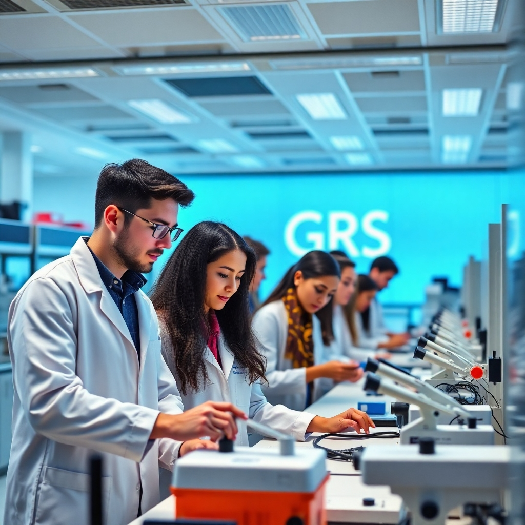 A photorealistic image of a diverse group of students engaged in a laboratory setting, actively working on projects and using sophisticated equipment. They are wearing lab coats, focused and collaborative, with a GRS logo subtly visible in the background.