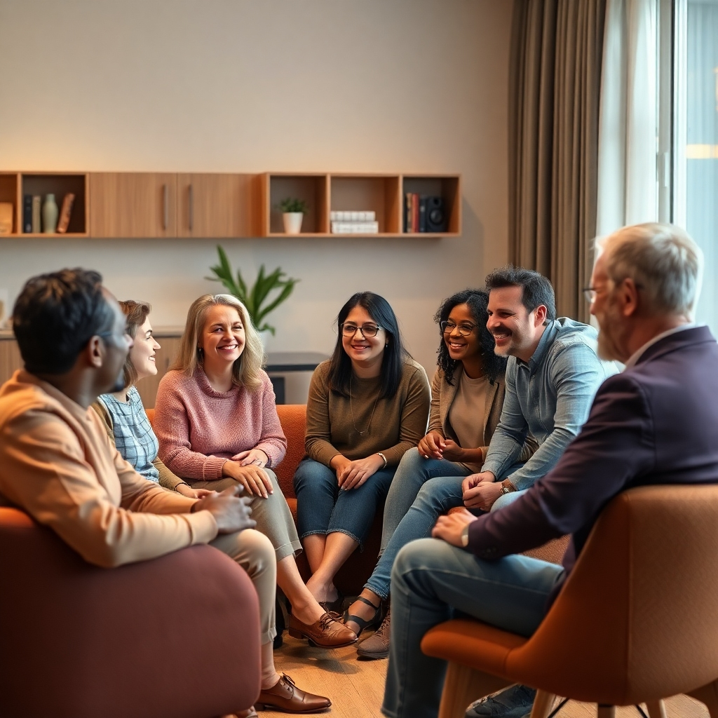 A photorealistic image of a diverse group of people sitting in a circle, engaged in a meaningful conversation.  They are smiling and making eye contact with each other. The setting is a warm, inviting space, perhaps a cozy living room or a modern community center. The image should convey a strong sense of connection, belonging, and mutual support.