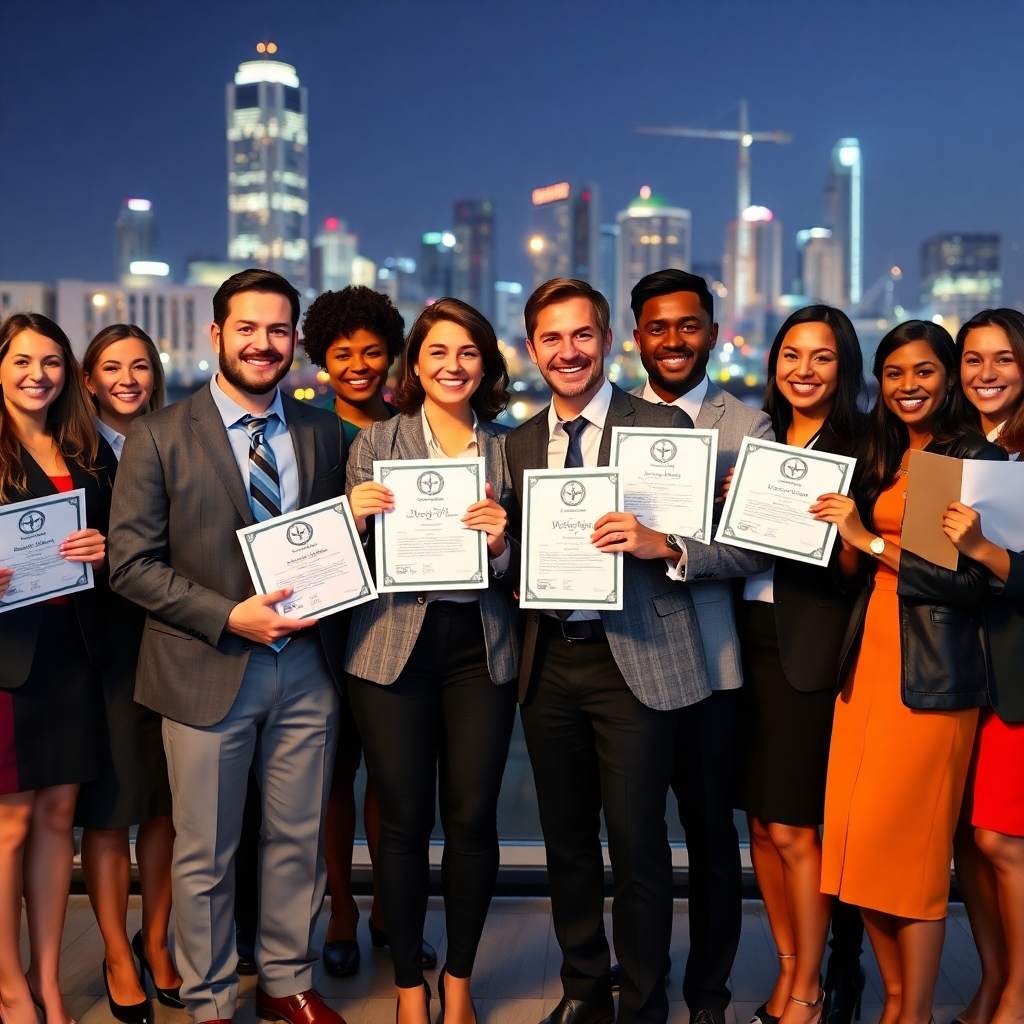 A photorealistic image of a diverse group of happy and successful professionals celebrating their achievements. The background shows a cityscape at night, reflecting the vibrancy and opportunities of the modern professional world. Each person should be dressed professionally, and the mood should be one of celebration and accomplishment, showing them holding certificates, shaking hands, and smiling confidently.  The image should emphasize the sense of achievement and the positive impact of professional development.
