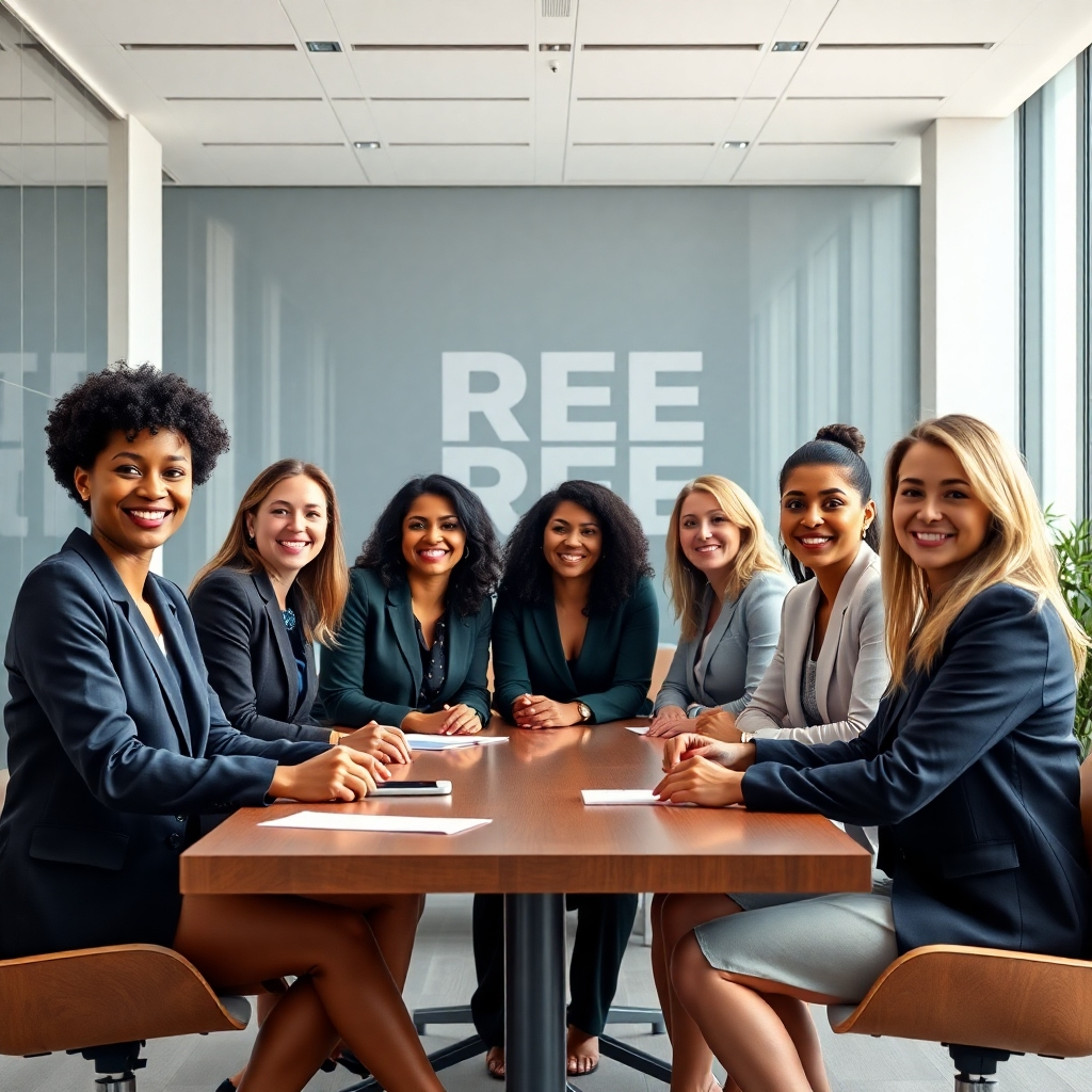 A photorealistic image of a diverse group of confident women in business attire, smiling and collaborating around a large table in a modern, brightly lit office.  The women should be of different ethnicities and ages, showcasing inclusivity. The background should suggest a successful business environment with subtle branding elements of the REE organization.