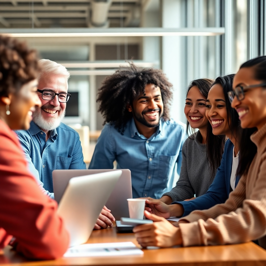 A photorealistic image of a diverse group of smiling people, men and women of varying ages and ethnicities, collaborating and laughing together in a bright, modern office space.  They are actively engaged in a team meeting, with laptops and product samples visible. The image should convey a feeling of collaboration, support, and shared success.