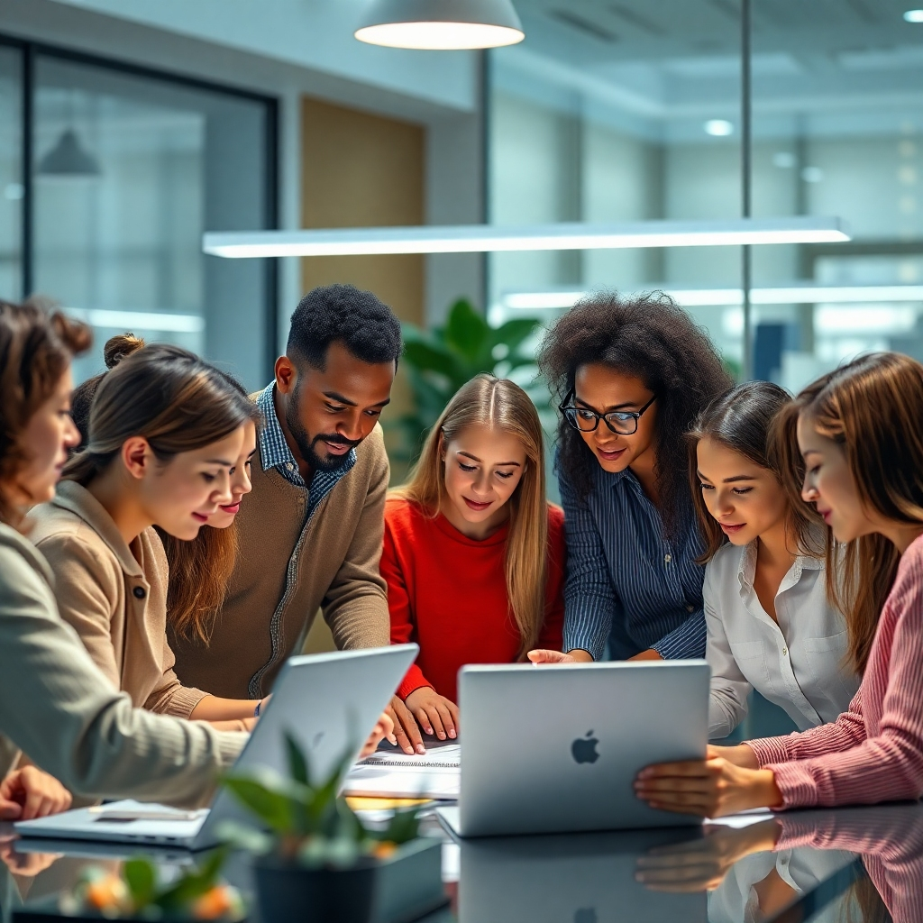 A photorealistic image of a diverse group of people collaborating on a project, actively engaged in problem-solving and teamwork. The image should showcase a modern, collaborative workspace with technology seamlessly integrated, and each person should display visible concentration and accomplishment.