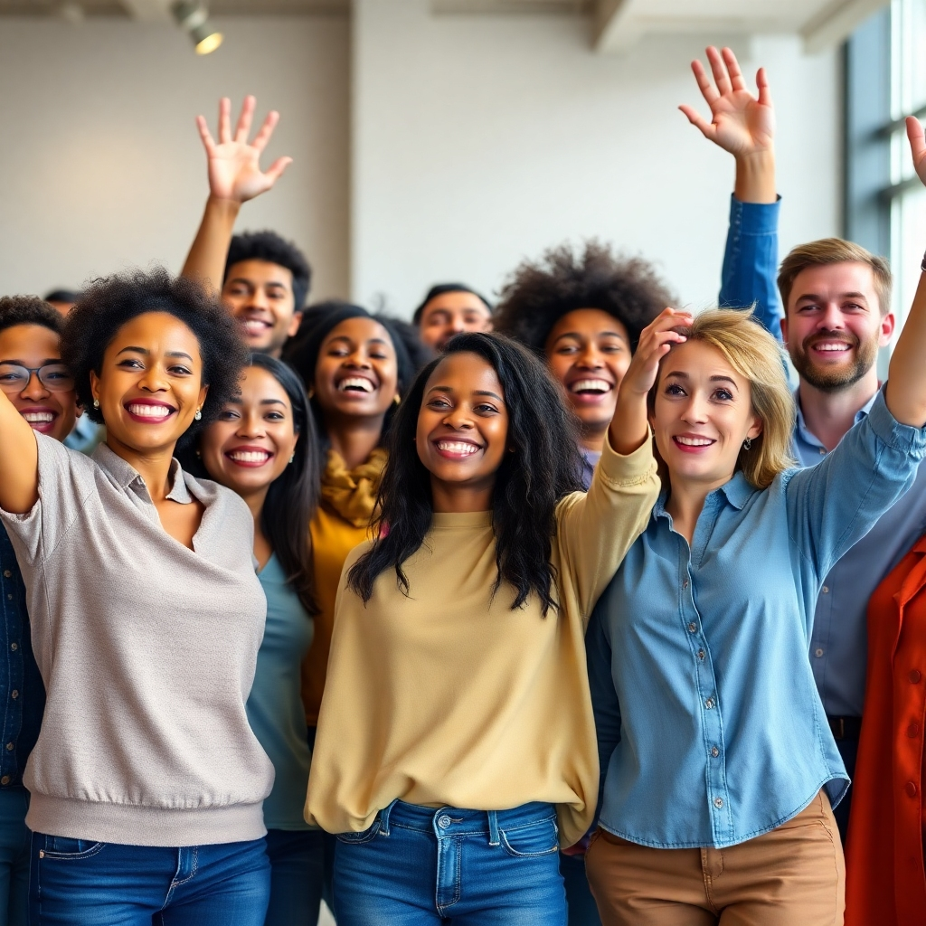 A photorealistic image of a diverse group of people celebrating their achievements together, radiating joy, confidence, and mutual support. The image should depict a vibrant and inclusive atmosphere, showcasing different age groups and ethnic backgrounds, all celebrating their growth and empowerment. The setting should be modern and well-lit, emphasizing a sense of unity and shared success, celebrating diversity and togetherness.