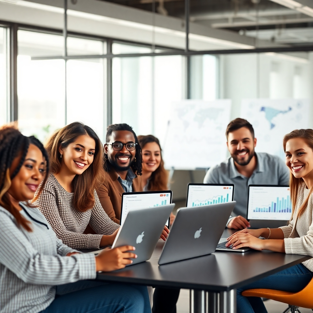 A photorealistic image of a diverse group of smiling people collaborating on laptops, showing charts and graphs related to affiliate marketing, in a bright, modern office space.  The overall mood should be energetic and positive, with a feeling of success and teamwork. Include elements of online marketing tools and resources subtly in the background.