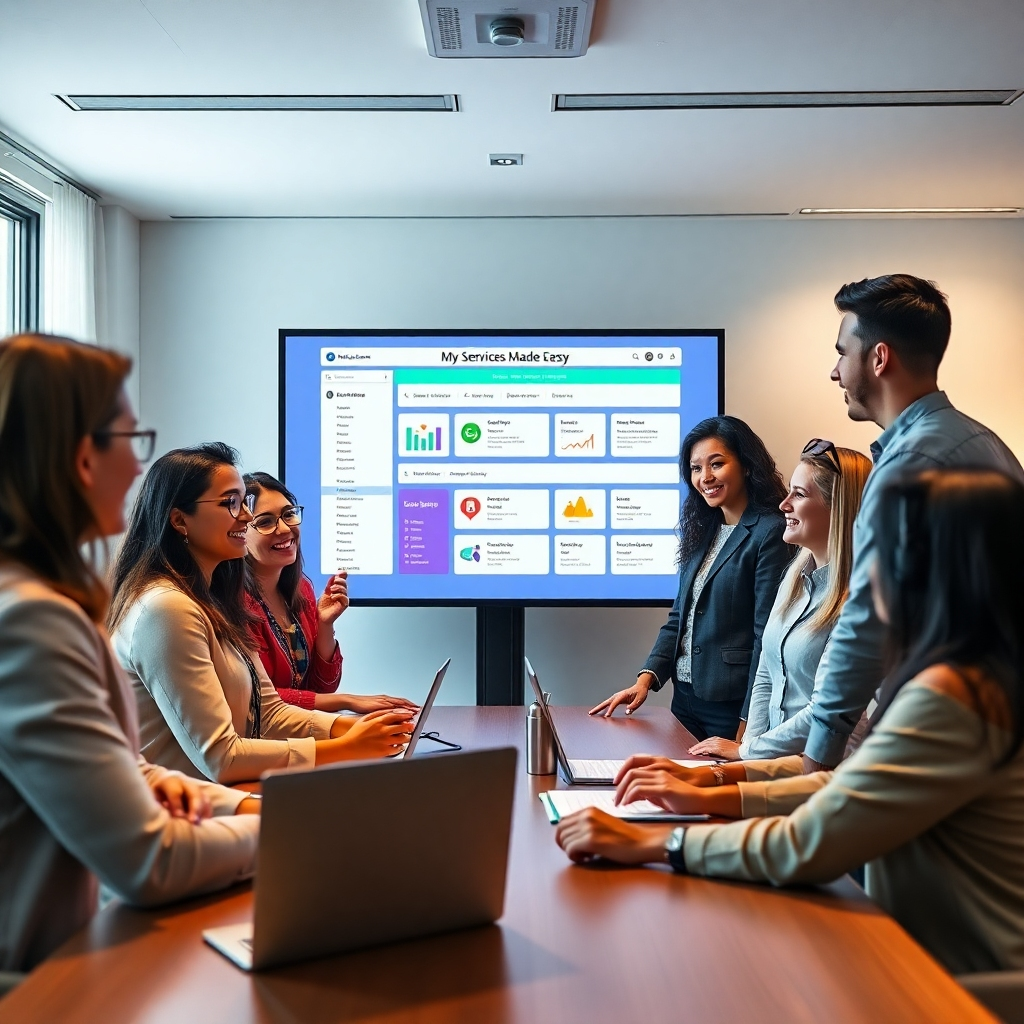 A photorealistic image of a diverse team of professionals collaborating around a large screen displaying the MyServicesMadeEasy platform. The team should be engaged and positive, showcasing a collaborative and productive atmosphere. The room should be well-lit and modern, with visible technology enhancing their interaction.