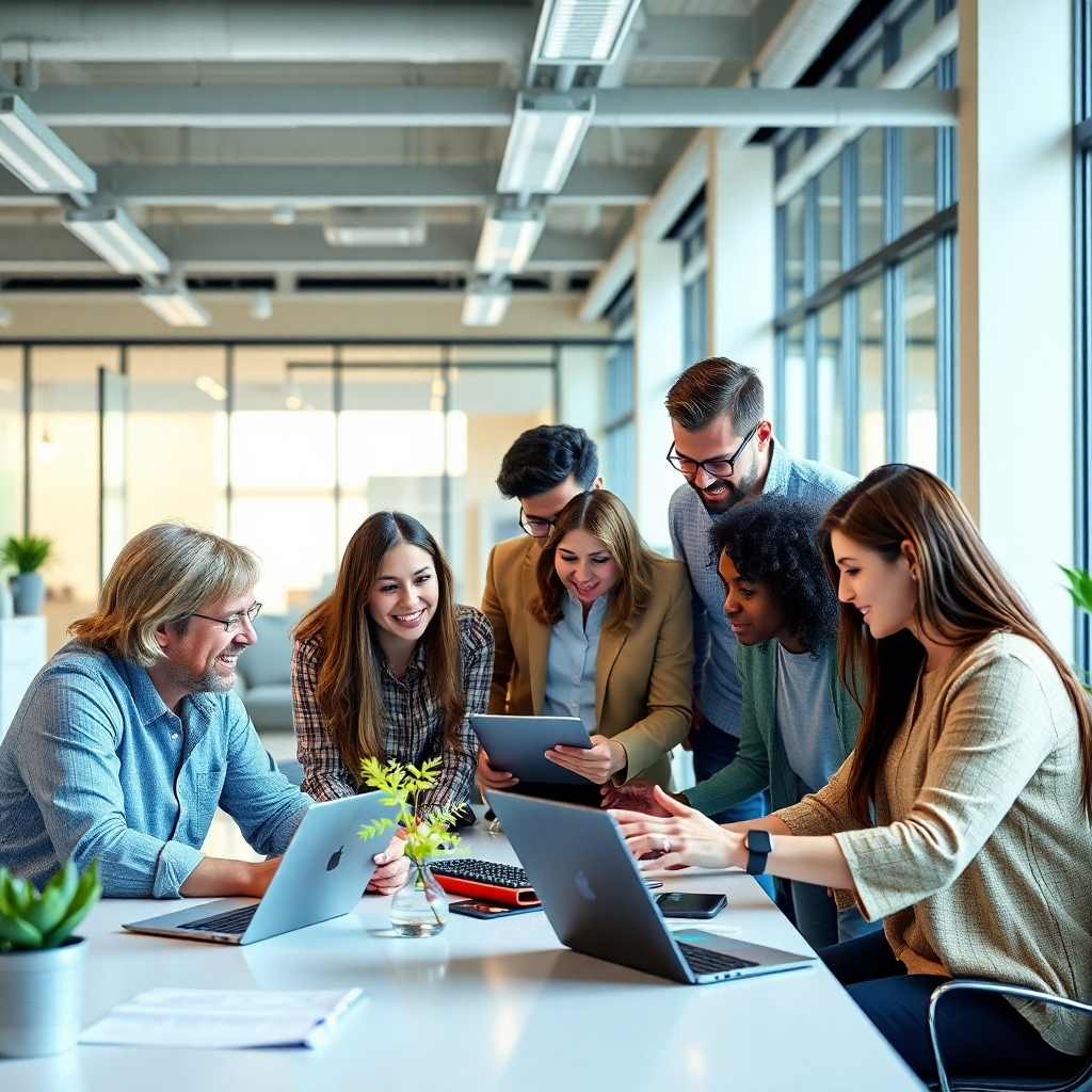 A photorealistic image of a diverse group of people collaborating on a project in a modern, bright office space. They should be actively engaged and using technology, such as laptops and tablets. The atmosphere should be collaborative and positive, emphasizing teamwork and innovation. The image should reflect a contemporary and professional environment, showing people of different ages and backgrounds working together effectively.
